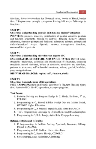 Mechanical Engineering 32
functions, Recursive solutions for fibonacci series, towers of Hanoi, header
files, C Preprocessor, example c programs, Passing 1-D arrays, 2-D arrays to
functions.
UNIT IV:
Objective: Understanding pointers and dynamic memory allocation
POINTERS: pointers- concepts, initialization of pointer variables, pointers
and function arguments, passing by address- dangling memory, address
arithmetic, character pointers and functions, pointers to pointers, pointers and
multi-dimensional arrays, dynamic memory management functions,
command line arguments.
UNIT V:
Objective: Understanding miscellaneous aspects of C
ENUMERATED, STRUCTURE AND UNION TYPES: Derived types-
structures- declaration, definition and initialization of structures, accessing
structures, nested structures, arrays of structures, structures and functions,
pointers to structures, self referential structures, unions, typedef, bit-fields,
program applications.
BIT-WISE OPERATORS: logical, shift, rotation, masks.
UNIT VI:
Objective: Comprehension of file operations
FILE HANDLING: Input and output- concept of a file, text files and binary
files, Formatted I/O, File I/O operations, example programs.
Text Books:
1. Problem Solving and Program Design in C, Hanly, Koffman, 7th
ed,
PERSON.
2. Programming in C, Second Edition Pradip Dey and Manas Ghosh,
OXFORD Higher Education.
3. Programming in C, A practical approach Ajay Mittal PEARSON
4. The C programming Language by Dennis Richie and Brian Kernighan
5. Programming in C, B. L. Juneja, Anith Seth, Cengage Learning.
Reference Books and web links:
1. C Programming, A Problem Solving Approach, Forouzan, Gilberg,
Prasad, CENGAGE.
2. Programming with C, Bichkar, Universities Press
3. Programming in C, Reema Thareja, OXFORD
4. C by Example, Noel Kalicharan, Cambridge
 