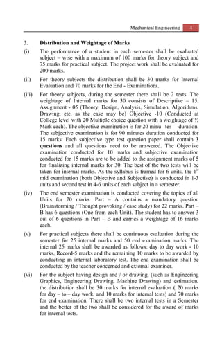 Mechanical Engineering 4
3. Distribution and Weightage of Marks
(i) The performance of a student in each semester shall be evaluated
subject – wise with a maximum of 100 marks for theory subject and
75 marks for practical subject. The project work shall be evaluated for
200 marks.
(ii) For theory subjects the distribution shall be 30 marks for Internal
Evaluation and 70 marks for the End - Examinations.
(iii) For theory subjects, during the semester there shall be 2 tests. The
weightage of Internal marks for 30 consists of Descriptive – 15,
Assignment - 05 (Theory, Design, Analysis, Simulation, Algorithms,
Drawing, etc. as the case may be) Objective -10 (Conducted at
College level with 20 Multiple choice question with a weightage of ½
Mark each). The objective examination is for 20 minu tes duration.
The subjective examination is for 90 minutes duration conducted for
15 marks. Each subjective type test question paper shall contain 3
questions and all questions need to be answered. The Objective
examination conducted for 10 marks and subjective examination
conducted for 15 marks are to be added to the assignment marks of 5
for finalizing internal marks for 30. The best of the two tests will be
taken for internal marks. As the syllabus is framed for 6 units, the 1st
mid examination (both Objective and Subjective) is conducted in 1-3
units and second test in 4-6 units of each subject in a semester.
(iv) The end semester examination is conducted covering the topics of all
Units for 70 marks. Part – A contains a mandatory question
(Brainstorming / Thought provoking / case study) for 22 marks. Part –
B has 6 questions (One from each Unit). The student has to answer 3
out of 6 questions in Part – B and carries a weightage of 16 marks
each.
(v) For practical subjects there shall be continuous evaluation during the
semester for 25 internal marks and 50 end examination marks. The
internal 25 marks shall be awarded as follows: day to day work - 10
marks, Record-5 marks and the remaining 10 marks to be awarded by
conducting an internal laboratory test. The end examination shall be
conducted by the teacher concerned and external examiner.
(vi) For the subject having design and / or drawing, (such as Engineering
Graphics, Engineering Drawing, Machine Drawing) and estimation,
the distribution shall be 30 marks for internal evaluation ( 20 marks
for day – to – day work, and 10 marks for internal tests) and 70 marks
for end examination. There shall be two internal tests in a Semester
and the better of the two shall be considered for the award of marks
for internal tests.
 