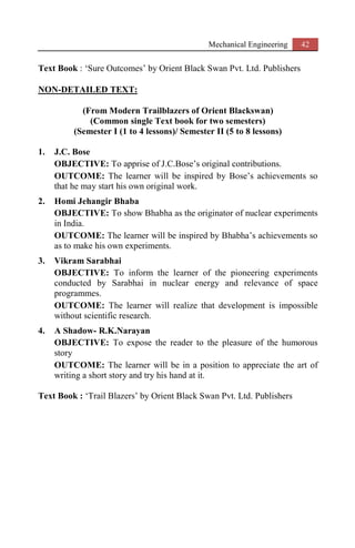 Mechanical Engineering 42
Text Book : ‘Sure Outcomes’ by Orient Black Swan Pvt. Ltd. Publishers
NON-DETAILED TEXT:
(From Modern Trailblazers of Orient Blackswan)
(Common single Text book for two semesters)
(Semester I (1 to 4 lessons)/ Semester II (5 to 8 lessons)
1. J.C. Bose
OBJECTIVE: To apprise of J.C.Bose’s original contributions.
OUTCOME: The learner will be inspired by Bose’s achievements so
that he may start his own original work.
2. Homi Jehangir Bhaba
OBJECTIVE: To show Bhabha as the originator of nuclear experiments
in India.
OUTCOME: The learner will be inspired by Bhabha’s achievements so
as to make his own experiments.
3. Vikram Sarabhai
OBJECTIVE: To inform the learner of the pioneering experiments
conducted by Sarabhai in nuclear energy and relevance of space
programmes.
OUTCOME: The learner will realize that development is impossible
without scientific research.
4. A Shadow- R.K.Narayan
OBJECTIVE: To expose the reader to the pleasure of the humorous
story
OUTCOME: The learner will be in a position to appreciate the art of
writing a short story and try his hand at it.
Text Book : ‘Trail Blazers’ by Orient Black Swan Pvt. Ltd. Publishers
 