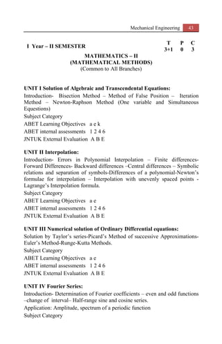 Mechanical Engineering 43
I Year – II SEMESTER
T P C
3+1 0 3
MATHEMATICS – II
(MATHEMATICAL METHODS)
(Common to All Branches)
UNIT I Solution of Algebraic and Transcendental Equations:
Introduction- Bisection Method – Method of False Position – Iteration
Method – Newton-Raphson Method (One variable and Simultaneous
Equestions)
Subject Category
ABET Learning Objectives a e k
ABET internal assessments 1 2 4 6
JNTUK External Evaluation A B E
UNIT II Interpolation:
Introduction- Errors in Polynomial Interpolation – Finite differences-
Forward Differences- Backward differences –Central differences – Symbolic
relations and separation of symbols-Differences of a polynomial-Newton’s
formulae for interpolation – Interpolation with unevenly spaced points -
Lagrange’s Interpolation formula.
Subject Category
ABET Learning Objectives a e
ABET internal assessments 1 2 4 6
JNTUK External Evaluation A B E
UNIT III Numerical solution of Ordinary Differential equations:
Solution by Taylor’s series-Picard’s Method of successive Approximations-
Euler’s Method-Runge-Kutta Methods.
Subject Category
ABET Learning Objectives a e
ABET internal assessments 1 2 4 6
JNTUK External Evaluation A B E
UNIT IV Fourier Series:
Introduction- Determination of Fourier coefficients – even and odd functions
–change of interval– Half-range sine and cosine series.
Application: Amplitude, spectrum of a periodic function
Subject Category
 