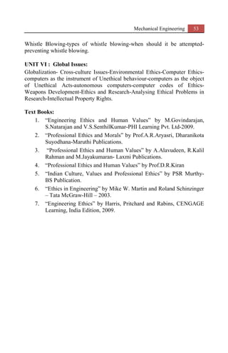 Mechanical Engineering 53
Whistle Blowing-types of whistle blowing-when should it be attempted-
preventing whistle blowing.
UNIT VI : Global Issues:
Globalization- Cross-culture Issues-Environmental Ethics-Computer Ethics-
computers as the instrument of Unethical behaviour-computers as the object
of Unethical Acts-autonomous computers-computer codes of Ethics-
Weapons Development-Ethics and Research-Analysing Ethical Problems in
Research-Intellectual Property Rights.
Text Books:
1. “Engineering Ethics and Human Values” by M.Govindarajan,
S.Natarajan and V.S.SenthilKumar-PHI Learning Pvt. Ltd-2009.
2. “Professional Ethics and Morals” by Prof.A.R.Aryasri, Dharanikota
Suyodhana-Maruthi Publications.
3. “Professional Ethics and Human Values” by A.Alavudeen, R.Kalil
Rahman and M.Jayakumaran- Laxmi Publications.
4. “Professional Ethics and Human Values” by Prof.D.R.Kiran
5. “Indian Culture, Values and Professional Ethics” by PSR Murthy-
BS Publication.
6. “Ethics in Engineering” by Mike W. Martin and Roland Schinzinger
– Tata McGraw-Hill – 2003.
7. “Engineering Ethics” by Harris, Pritchard and Rabins, CENGAGE
Learning, India Edition, 2009.
 