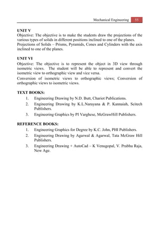 Mechanical Engineering 55
UNIT V
Objective: The objective is to make the students draw the projections of the
various types of solids in different positions inclined to one of the planes.
Projections of Solids – Prisms, Pyramids, Cones and Cylinders with the axis
inclined to one of the planes.
UNIT VI
Objective: The objective is to represent the object in 3D view through
isometric views. The student will be able to represent and convert the
isometric view to orthographic view and vice versa.
Conversion of isometric views to orthographic views; Conversion of
orthographic views to isometric views.
TEXT BOOKS:
1. Engineering Drawing by N.D. Butt, Chariot Publications.
2. Engineering Drawing by K.L.Narayana & P. Kannaiah, Scitech
Publishers.
3. Engineering Graphics by PI Varghese, McGrawHill Publishers.
REFERENCE BOOKS:
1. Engineering Graphics for Degree by K.C. John, PHI Publishers.
2. Engineering Drawing by Agarwal & Agarwal, Tata McGraw Hill
Publishers.
3. Engineering Drawing + AutoCad – K Venugopal, V. Prabhu Raja,
New Age.
 