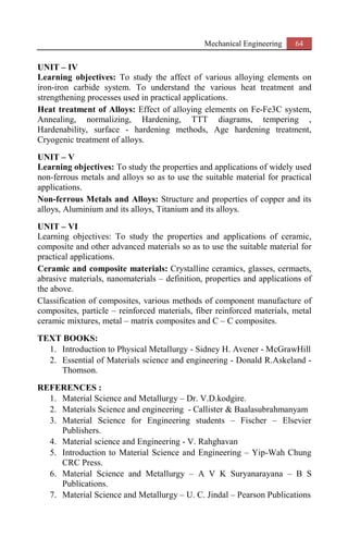 Mechanical Engineering 64
UNIT – IV
Learning objectives: To study the affect of various alloying elements on
iron-iron carbide system. To understand the various heat treatment and
strengthening processes used in practical applications.
Heat treatment of Alloys: Effect of alloying elements on Fe-Fe3C system,
Annealing, normalizing, Hardening, TTT diagrams, tempering ,
Hardenability, surface - hardening methods, Age hardening treatment,
Cryogenic treatment of alloys.
UNIT – V
Learning objectives: To study the properties and applications of widely used
non-ferrous metals and alloys so as to use the suitable material for practical
applications.
Non-ferrous Metals and Alloys: Structure and properties of copper and its
alloys, Aluminium and its alloys, Titanium and its alloys.
UNIT – VI
Learning objectives: To study the properties and applications of ceramic,
composite and other advanced materials so as to use the suitable material for
practical applications.
Ceramic and composite materials: Crystalline ceramics, glasses, cermaets,
abrasive materials, nanomaterials – definition, properties and applications of
the above.
Classification of composites, various methods of component manufacture of
composites, particle – reinforced materials, fiber reinforced materials, metal
ceramic mixtures, metal – matrix composites and C – C composites.
TEXT BOOKS:
1. Introduction to Physical Metallurgy - Sidney H. Avener - McGrawHill
2. Essential of Materials science and engineering - Donald R.Askeland -
Thomson.
REFERENCES :
1. Material Science and Metallurgy – Dr. V.D.kodgire.
2. Materials Science and engineering - Callister & Baalasubrahmanyam
3. Material Science for Engineering students – Fischer – Elsevier
Publishers.
4. Material science and Engineering - V. Rahghavan
5. Introduction to Material Science and Engineering – Yip-Wah Chung
CRC Press.
6. Material Science and Metallurgy – A V K Suryanarayana – B S
Publications.
7. Material Science and Metallurgy – U. C. Jindal – Pearson Publications
 