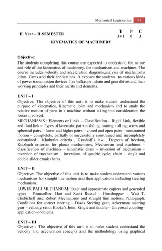 Mechanical Engineering 81
II Year – II SEMESTER
T P C
3+1 0 3
KINEMATICS OF MACHINERY
Objective:
The students completing this course are expected to understand the nature
and role of the kinematics of machinery, the mechanisms and machines. The
course includes velocity and acceleration diagrams,analysis of mechanisms
joints, Cams and their applications. It exposes the students to various kinds
of power transmission devices like belt,rope , chain and gear drives and their
working principles and their merits and demerits.
UNIT – I
Objective: The objective of this unit is to make student understand the
purpose of kinematics, Kinematic joint and mechanism and to study the
relative motion of parts in a machine without taking into consideration the
forces involved.
MECHANISMS : Elements or Links – Classification – Rigid Link, flexible
and fluid link – Types of kinematic pairs – sliding, turning, rolling, screw and
spherical pairs – lower and higher pairs – closed and open pairs – constrained
motion – completely, partially or successfully constrained and incompletely
constrained . Khubralrs criteria , Grashoff’s law , Degrees of freedom,
Kutzbach criterian for planar mechanisms, Mechanism and machines –
classification of machines – kinematic chain – inversion of mechanism –
inversion of mechanism – inversions of quadric cycle, chain – single and
double slider crank chains.
UNIT – II
Objective: The objective of this unit is to make student understand various
mechanisms for straight line motion and their applications including steering
mechanism.
LOWER PAIR MECHANISM: Exact and approximate copiers and generated
types – Peaucellier, Hart and Scott Russul – Grasshopper – Watt T.
Chebicheff and Robert Mechanisms and straight line motion, Pantograph.
Conditions for correct steering – Davis Steering gear, Ackermans steering
gear – velocity ratio; Hooke’s Joint: Single and double – Universal coupling–
application–problems.
UNIT – III
Objective : The objective of this unit is to make student understand the
velocity and acceleration concepts and the methodology using graphical
 