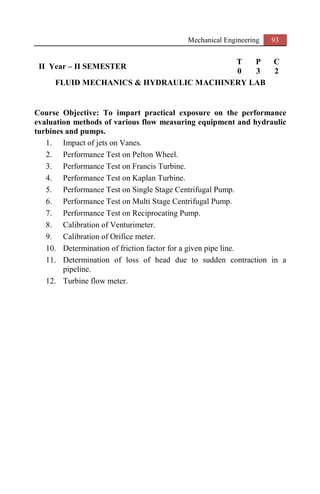 Mechanical Engineering 93
II Year – II SEMESTER
T P C
0 3 2
FLUID MECHANICS & HYDRAULIC MACHINERY LAB
Course Objective: To impart practical exposure on the performance
evaluation methods of various flow measuring equipment and hydraulic
turbines and pumps.
1. Impact of jets on Vanes.
2. Performance Test on Pelton Wheel.
3. Performance Test on Francis Turbine.
4. Performance Test on Kaplan Turbine.
5. Performance Test on Single Stage Centrifugal Pump.
6. Performance Test on Multi Stage Centrifugal Pump.
7. Performance Test on Reciprocating Pump.
8. Calibration of Venturimeter.
9. Calibration of Orifice meter.
10. Determination of friction factor for a given pipe line.
11. Determination of loss of head due to sudden contraction in a
pipeline.
12. Turbine flow meter.
 