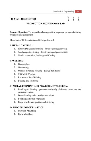 Mechanical Engineering 94
II Year – II SEMESTER
T P C
0 3 2
PRODUCTION TECHNOLOGY LAB
Course Objective: To impart hands-on practical exposure on manufacturing
processes and equipment.
Minimum of 12 Exercises need to be performed
I. METAL CASTING :
1. Pattern Design and making - for one casting drawing.
2. Sand properties testing - for strength and permeability
3. Mould preparation, Melting and Casting
II WELDING:
1. Gas welding
2. Gas cutting
3. Manual metal arc welding - Lap & Butt Joints
4. TIG/MIG Welding
5. Resistance Spot Welding
6. Brazing and soldering
III METAL FORMING AND POWDER METALLURGY:
1. Blanking & Piercing operations and study of simple, compound and
progressive dies.
2. Deep drawing and extrusion operations.
3. Bending and other operations
4. Basic powder compaction and sintering
IV PROCESSING OF PLASTICS
1. Injection Moulding
2. Blow Moulding
 