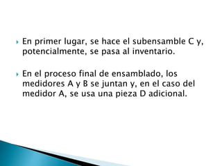  En primer lugar, se hace el subensamble C y,
potencialmente, se pasa al inventario.
 En el proceso final de ensamblado, los
medidores A y B se juntan y, en el caso del
medidor A, se usa una pieza D adicional.
 
