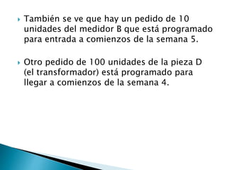  También se ve que hay un pedido de 10
unidades del medidor B que está programado
para entrada a comienzos de la semana 5.
 Otro pedido de 100 unidades de la pieza D
(el transformador) está programado para
llegar a comienzos de la semana 4.
 