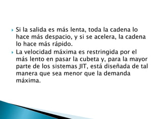  Si la salida es más lenta, toda la cadena lo
hace más despacio, y si se acelera, la cadena
lo hace más rápido.
 La velocidad máxima es restringida por el
más lento en pasar la cubeta y, para la mayor
parte de los sistemas JIT, está diseñada de tal
manera que sea menor que la demanda
máxima.
 