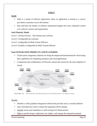 Cloud Computing Page 55
UNIT-5
SAAS
• SaaS is a model of software deployment where an application is hosted as a service
provided to customers across the Internet.
• Saas alleviates the burden of software maintenance/support but users relinquish control
over software versions and requirements
SaaS Maturity Model
Level 1: Ad-Hoc/Custom – One Instance per customer
Level 2: Configurable per customer
Level 3: configurable & Multi-Tenant-Efficient
Level 4: Scalable, Configurable & Multi-Tenant-Efficient
SaaS INTEGRATION PRODUCTS AND PLATFORMS
• Cloud-centric integration solutions are being developed and demonstrated for showcasing
their capabilities for integrating enterprise and cloud applications.
• Composition and collaboration will become critical and crucial for the mass adoption of
clouds
Jitterbit:
• Jitterbit is a fully graphical integration solution that provides users a versatile platform
• suite of productivity tools to reduce the integration efforts sharply.
• Jitterbit can be used standalone or with existing EAI infrastructures
• Help us quickly design, implement, test, deploy, and manage the integration projects
 
