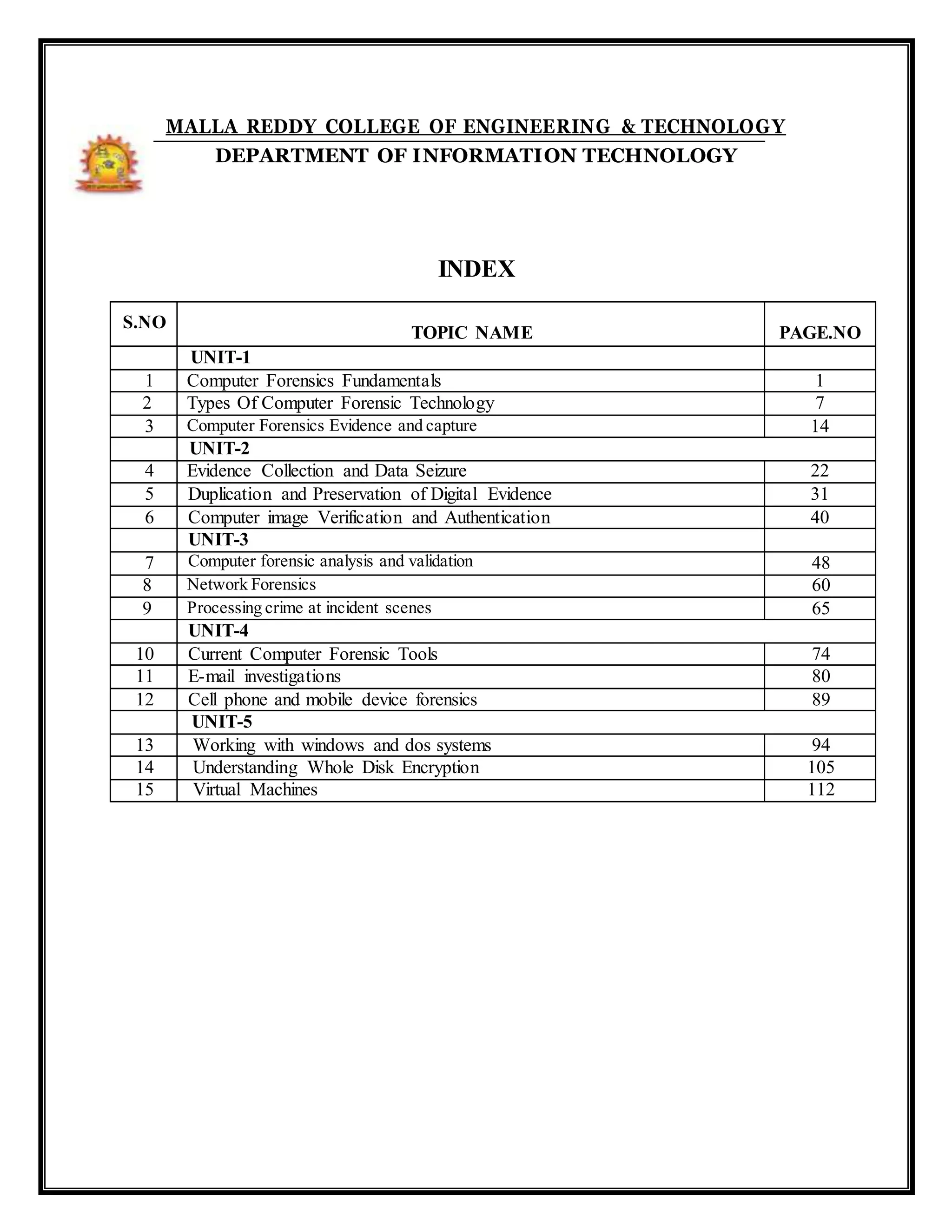 MALLA REDDY COLLEGE OF ENGINEERING & TECHNOLOGY
DEPARTMENT OF INFORMATION TECHNOLOGY
INDEX
S.NO
TOPIC NAME PAGE.NO
UNIT-1
1 Computer Forensics Fundamentals 1
2 Types Of Computer Forensic Technology 7
3 Computer Forensics Evidence and capture 14
UNIT-2
4 Evidence Collection and Data Seizure 22
5 Duplication and Preservation of Digital Evidence 31
6 Computer image Verification and Authentication 40
UNIT-3
7 Computer forensic analysis and validation 48
8 Network Forensics 60
9 Processing crime at incident scenes 65
UNIT-4
10 Current Computer Forensic Tools 74
11 E-mail investigations 80
12 Cell phone and mobile device forensics 89
UNIT-5
13 Working with windows and dos systems 94
14 Understanding Whole Disk Encryption 105
15 Virtual Machines 112
 