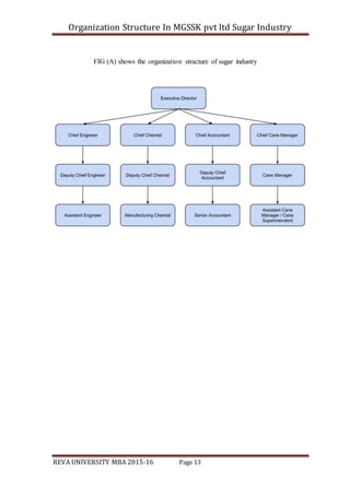 Organization Structure In MGSSK pvt ltd Sugar Industry
REVA UNIVERSITY MBA 2015-16 Page 13
FIG (A) shows the organization stracture of sugar industry
 