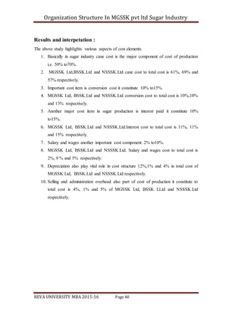 Organization Structure In MGSSK pvt ltd Sugar Industry
REVA UNIVERSITY MBA 2015-16 Page 40
Results and interpetation :
The above study highlights various aspects of cost elements.
1. Basically in sugar industry cane cost is the major component of cost of production
i.e. 50% to70%.
2. MGSSK Ltd,BSSK.Ltd and NSSSK.Ltd cane cost to total cost is 61%, 69% and
57% respectively.
3. Important cost item is conversion cost it constitute 10% to15%.
4. MGSSK Ltd, BSSK.Ltd and NSSSK.Ltd conversion cost to total cost is 10%,10%
and 13% respectively.
5. Another major cost item in sugar production is interest paid it constitute 10%
to15%.
6. MGSSK Ltd, BSSK.Ltd and NSSSK.Ltd.Interest cost to total cost is 11%, 11%
and 15% respectively.
7. Salary and wages another important cost component 2% to10%.
8. MGSSK Ltd, BSSK.Ltd and NSSSK.Ltd. Salary and wages cost to total cost is
2%, 9 % and 5% respectively.
9. Depreciation also play vital role in cost structure 12%,1% and 4% in total cost of
MGSSK Ltd, BSSK.Ltd and NSSSK.Ltd respectively.
10. Selling and administration overhead also part of cost of production it constitute to
total cost is 4%, 1% and 5% of MGSSK Ltd, BSSK LLtd and NSSSK.Ltd
respectively.
 