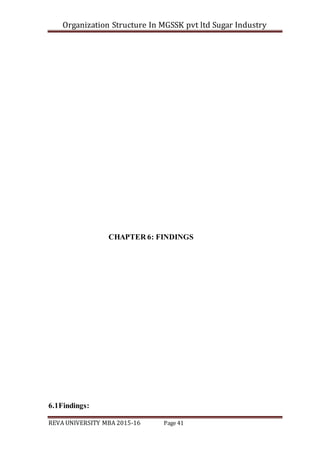 Organization Structure In MGSSK pvt ltd Sugar Industry
REVA UNIVERSITY MBA 2015-16 Page 41
CHAPTER 6: FINDINGS
6.1Findings:
 