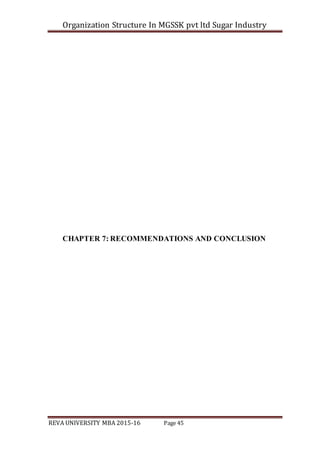 Organization Structure In MGSSK pvt ltd Sugar Industry
REVA UNIVERSITY MBA 2015-16 Page 45
CHAPTER 7: RECOMMENDATIONS AND CONCLUSION
 