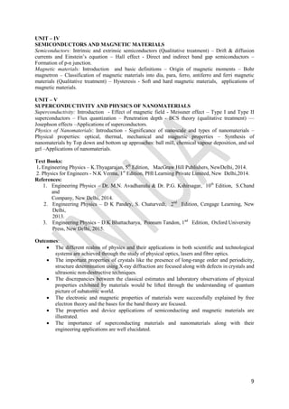 9
UNIT – IV
SEMICONDUCTORS AND MAGNETIC MATERIALS
Semiconductors: Intrinsic and extrinsic semiconductors (Qualitative treatment) – Drift & diffusion
currents and Einstein‟s equation – Hall effect - Direct and indirect band gap semiconductors –
Formation of p-n junction.
Magnetic materials: Introduction and basic definitions – Origin of magnetic moments – Bohr
magnetron – Classification of magnetic materials into dia, para, ferro, antiferro and ferri magnetic
materials (Qualitative treatment) – Hysteresis - Soft and hard magnetic materials, applications of
magnetic materials.
UNIT – V
SUPERCONDUCTIVITY AND PHYSICS OF NANOMATERIALS
Superconductivity: Introduction - Effect of magnetic field - Meissner effect – Type I and Type II
superconductors – Flux quantization – Penetration depth - BCS theory (qualitative treatment) ––
Josephson effects –Applications of superconductors.
Physics of Nanomaterials: Introduction - Significance of nanoscale and types of nanomaterials –
Physical properties: optical, thermal, mechanical and magnetic properties – Synthesis of
nanomaterials by Top down and bottom up approaches: ball mill, chemical vapour deposition, and sol
gel –Applications of nanomaterials.
Text Books:
1. Engineering Physics – K.Thyagarajan, 5th
Edition, MacGraw Hill Publishers, NewDelhi, 2014.
2. Physics for Engineers - N.K Verma, 1st
Edition, PHI Learning Private Limited, New Delhi,2014.
References:
1. Engineering Physics – Dr. M.N. Avadhanulu & Dr. P.G. Kshirsagar, 10th
Edition, S.Chand
and
Company, New Delhi, 2014.
2. Engineering Physics – D K Pandey, S. Chaturvedi, 2nd
Edition, Cengage Learning, New
Delhi,
2013.
3. Engineering Physics – D.K Bhattacharya, Poonam Tandon, 1nd
Edition, Oxford University
Press, New Delhi, 2015.
Outcomes:
 The different realms of physics and their applications in both scientific and technological
systems are achieved through the study of physical optics, lasers and fibre optics.
 The important properties of crystals like the presence of long-range order and periodicity,
structure determination using X-ray diffraction are focused along with defects in crystals and
ultrasonic non-destructive techniques.
 The discrepancies between the classical estimates and laboratory observations of physical
properties exhibited by materials would be lifted through the understanding of quantum
picture of subatomic world.
 The electronic and magnetic properties of materials were successfully explained by free
electron theory and the bases for the band theory are focused.
 The properties and device applications of semiconducting and magnetic materials are
illustrated.
 The importance of superconducting materials and nanomaterials along with their
engineering applications are well elucidated.
 