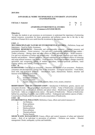 13
2015-2016
JAWAHARLAL NEHRU TECHNOLOGICAL UNIVERSITY ANANTAPUR
ANANTHAPURAMU
I B.Tech. I - Semester T Tu C
3 1 3
(15A01101) ENVIRONMENTAL STUDIES
(Common to ECE/EIE/ME/IT)
Objectives:
To make the students to get awareness on environment, to understand the importance of protecting
natural resources, ecosystems for future generations and pollution causes due to the day to day
activities of human life to save earth from the inventions by the engineers.
UNIT – I
MULTIDISCIPLINARY NATURE OF ENVIRONMENTAL STUDIES: – Definition, Scope and
Importance – Need for Public Awareness.
NATURAL RESOURCES : Renewable and non-renewable resources – Natural resources and
associated problems – Forest resources – Use and over – exploitation, deforestation, case studies –
Timber extraction – Mining, dams and other effects on forest and tribal people – Water resources –
Use and over utilization of surface and ground water – Floods, drought, conflicts over water, dams –
benefits and problems – Mineral resources: Use and exploitation, environmental effects of extracting
and using mineral resources, case studies – Food resources: World food problems, changes caused by
agriculture and overgrazing, effects of modern agriculture, fertilizer-pesticide problems, water
logging, salinity, case studies. – Energy resources:
UNIT – II
ECOSYSTEMS: Concept of an ecosystem. – Structure and function of an ecosystem – Producers,
consumers and decomposers – Energy flow in the ecosystem – Ecological succession – Food chains,
food webs and ecological pyramids – Introduction, types, characteristic features, structure and
function of the following ecosystem:
a. Forest ecosystem.
b. Grassland ecosystem
c. Desert ecosystem
d. Aquatic ecosystems (ponds, streams, lakes, rivers, oceans, estuaries)
BIODIVERSITY AND ITS CONSERVATION : Introduction 0 Definition: genetic, species and
ecosystem diversity – Bio-geographical classification of India – Value of biodiversity: consumptive
use, Productive use, social, ethical, aesthetic and option values – Biodiversity at global, National and
local levels – India as a mega-diversity nation – Hot-sports of biodiversity – Threats to biodiversity:
habitat loss, poaching of wildlife, man-wildlife conflicts – Endangered and endemic species of India –
Conservation of biodiversity: In-situ and Ex-situ conservation of biodiversity.
UNIT – III
ENVIRONMENTAL POLLUTION: Definition, Cause, effects and control measures of :
a. Air Pollution.
b. Water pollution
c. Soil pollution
d. Marine pollution
e. Noise pollution
f. Thermal pollution
g. Nuclear hazards
SOLID WASTE MANAGEMENT: Causes, effects and control measures of urban and industrial
wastes – Role of an individual in prevention of pollution – Pollution case studies – Disaster
management: floods, earthquake, cyclone and landslides.
 