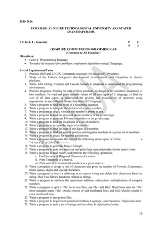 19
2015-2016
JAWAHARLAL NEHRU TECHNOLOGICAL UNIVERSITY ANANTAPUR
ANANTHAPURAMU
I B.Tech. I - Semester P C
4 2
(15A05102) COMPUTER PROGRAMMING LAB
(Common to All branches)
Objectives:
 Learn C Programming language
 To make the student solve problems, implement algorithms using C language.
List of Experiments/Tasks
1. Practice DOS and LINUX Commands necessary for design of C Programs.
2. Study of the Editors, Integrated development environments, and Compilers in chosen
platform.
3. Write, Edit, Debug, Compile and Execute Sample C programs to understand the programming
environment.
4. Practice programs: Finding the sum of three numbers, exchange of two numbers, maximum of
two numbers, To read and print variable values of all data types of C language, to find the
size of all data types, to understand the priority and associativity of operators using
expressions, to use different library functions of C language.
5. Write a program to find the roots of a Quadratic equation.
6. Write a program to compute the factorial of a given number.
7. Write a program to check whether the number is prime or not.
8. Write a program to find the series of prime numbers in the given range.
9. Write a program to generate Fibonacci numbers in the given range.
10. Write a program to find the maximum of a set of numbers.
11. Write a program to reverse the digits of a number.
12. Write a program to find the sum of the digits of a number.
13. Write a program to find the sum of positive and negative numbers in a given set of numbers.
14. Write a program to check for number palindrome.
15. Write a program to evaluate the sum of the following series up to „n‟ terms e
x
=1+x+x2
/2!+x3
/3!+x4
/4!+--------
16. Write a program to generate Pascal Triangle.
17. Write a program to read two matrices and print their sum and product in the matrix form.
18. Write a program to read matrix and perform the following operations.
i. Find the sum of Diagonal Elements of a matrix.
ii. Print Transpose of a matrix.
iii. Print sum of even and odd numbers in a given matrix.
19. Write a program to accept a line of characters and print the number of Vowels, Consonants,
blank spaces, digits and special characters.
20. Write a program to insert a substring in to a given string and delete few characters from the
string. Don‟t use library functions related to strings.
21. Write a program to perform the operations addition, subtraction, multiplication of complex
numbers.
22. Write a program to split a „file‟ in to two files, say file1 and file2. Read lines into the „file‟
from standard input. File1 should consist of odd numbered lines and file2 should consist of
even numbered lines.
23. Write a program to merge two files.
24. Write a program to implement numerical methods Lagrange‟s interpolation, Trapezoidal rule.
25. Write a program to read a set of strings and sort them in alphabetical order.
 
