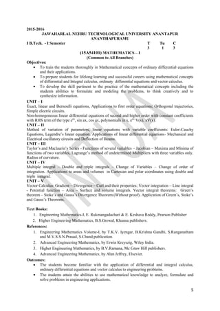 5
2015-2016
JAWAHARLAL NEHRU TECHNOLOGICAL UNIVERSITY ANANTAPUR
ANANTHAPURAMU
I B.Tech. - I Semester T Tu C
3 1 3
(15A54101) MATHEMATICS – I
(Common to All Branches)
Objectives:
 To train the students thoroughly in Mathematical concepts of ordinary differential equations
and their applications.
 To prepare students for lifelong learning and successful careers using mathematical concepts
of differential and Integral calculus, ordinary differential equations and vector calculus.
 To develop the skill pertinent to the practice of the mathematical concepts including the
students abilities to formulate and modeling the problems, to think creatively and to
synthesize information.
UNIT – I
Exact, linear and Bernoulli equations, Applications to first order equations; Orthogonal trajectories,
Simple electric circuits.
Non-homogeneous linear differential equations of second and higher order with constant coefficients
with RHS term of the type eax
, sin ax, cos ax, polynomials in x, eax
V(x), xV(x).
UNIT – II
Method of variation of parameters, linear equations with variable coefficients: Euler-Cauchy
Equations, Legendre‟s linear equation. Applications of linear differential equations- Mechanical and
Electrical oscillatory circuits and Deflection of Beams.
UNIT – III
Taylor‟s and Maclaurin‟s Series - Functions of several variables – Jacobian – Maxima and Minima of
functions of two variables, Lagrange‟s method of undetermined Multipliers with three variables only.
Radius of curvature.
UNIT – IV
Multiple integral – Double and triple integrals – Change of Variables – Change of order of
integration. Applications to areas and volumes in Cartesian and polar coordinates using double and
triple integral.
UNIT – V
Vector Calculus: Gradient – Divergence – Curl and their properties; Vector integration – Line integral
- Potential function – Area – Surface and volume integrals. Vector integral theorems: Green‟s
theorem – Stoke‟s and Gauss‟s Divergence Theorem (Without proof). Application of Green‟s, Stoke‟s
and Gauss‟s Theorems.
Text Books:
1. Engineering Mathematics-I, E. Rukmangadachari & E. Keshava Reddy, Pearson Publisher
2. Higher Engineering Mathematics, B.S.Grewal, Khanna publishers.
References:
1. Engineering Mathematics Volume-I, by T.K.V. Iyengar, B.Krishna Gandhi, S.Ranganatham
and M.V.S.S.N.Prasad, S.Chand publication.
2. Advanced Engineering Mathematics, by Erwin Kreyszig, Wiley India.
3. Higher Engineering Mathematics, by B.V.Ramana, Mc Graw Hill publishers.
4. Advanced Engineering Mathematics, by Alan Jeffrey, Elsevier.
Outcomes:
 The students become familiar with the application of differential and integral calculus,
ordinary differential equations and vector calculus to engineering problems.
 The students attain the abilities to use mathematical knowledge to analyze, formulate and
solve problems in engineering applications.
 