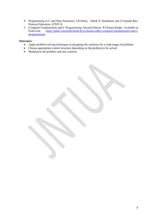 7
4. Programming in C and Data Structures, J.R.Hanly, Ashok N. Kamthane and A.Ananda Rao,
Pearson Education. (UNIT-I)
5. Computer Fundamentals and C Programming- Second Edition- P.Chenna Reddy- Available at
Pothi.com (http://pothi.com/pothi/book/dr-p-chenna-reddy-computer-fundamentals-and-c-
programming).
Outcomes:
 Apply problem solving techniques in designing the solutions for a wide-range of problems
 Choose appropriate control structure depending on the problem to be solved
 Modularize the problem and also solution
 