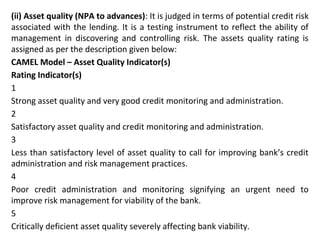 (ii) Asset quality (NPA to advances): It is judged in terms of potential credit risk
associated with the lending. It is a testing instrument to reflect the ability of
management in discovering and controlling risk. The assets quality rating is
assigned as per the description given below:
CAMEL Model – Asset Quality Indicator(s)
Rating Indicator(s)
1
Strong asset quality and very good credit monitoring and administration.
2
Satisfactory asset quality and credit monitoring and administration.
3
Less than satisfactory level of asset quality to call for improving bank’s credit
administration and risk management practices.
4
Poor credit administration and monitoring signifying an urgent need to
improve risk management for viability of the bank.
5
Critically deficient asset quality severely affecting bank viability.
 