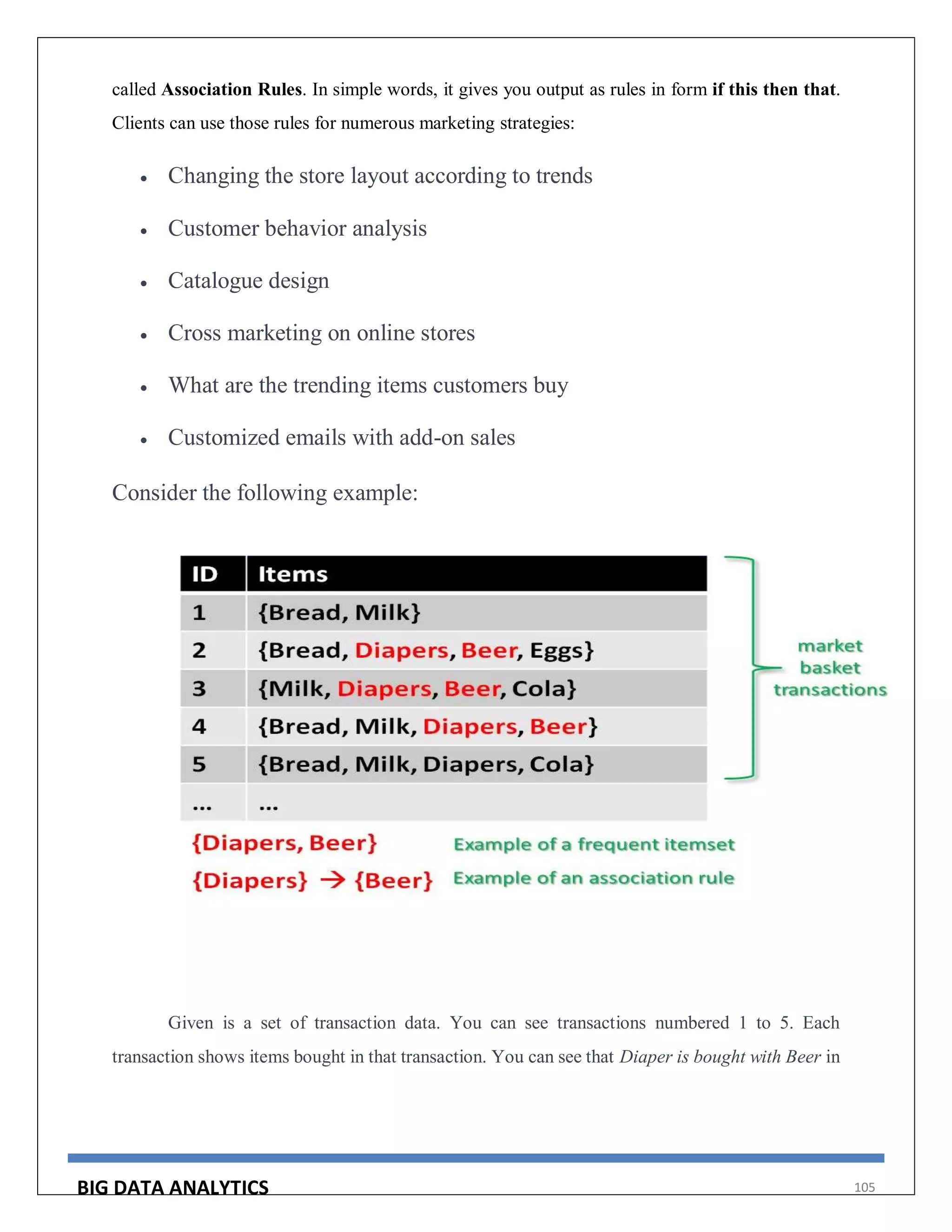 BIG DATA ANALYTICS 105
called Association Rules. In simple words, it gives you output as rules in form if this then that.
Clients can use those rules for numerous marketing strategies:
 Changing the store layout according to trends
 Customer behavior analysis
 Catalogue design
 Cross marketing on online stores
 What are the trending items customers buy
 Customized emails with add-on sales
Consider the following example:
Given is a set of transaction data. You can see transactions numbered 1 to 5. Each
transaction shows items bought in that transaction. You can see that Diaper is bought with Beer in
 