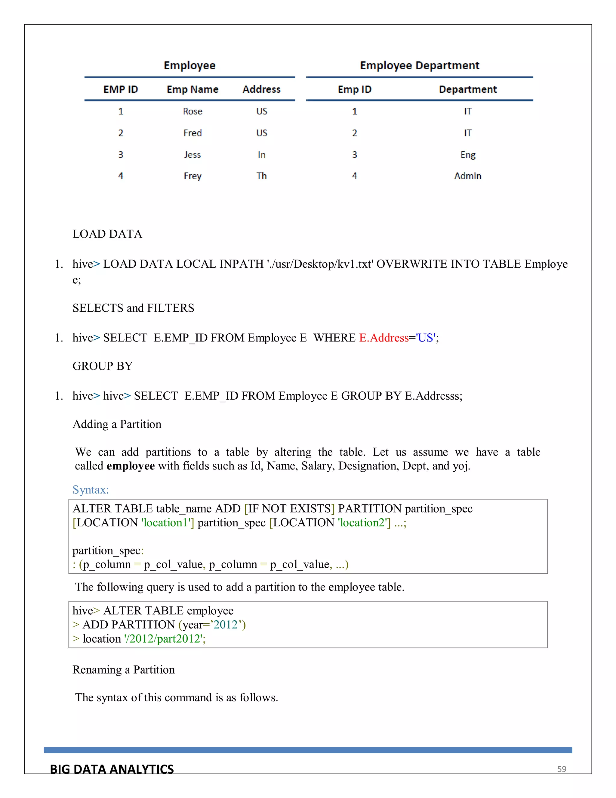 BIG DATA ANALYTICS 59
LOAD DATA
1. hive> LOAD DATA LOCAL INPATH './usr/Desktop/kv1.txt' OVERWRITE INTO TABLE Employe
e;
SELECTS and FILTERS
1. hive> SELECT E.EMP_ID FROM Employee E WHERE E.Address='US';
GROUP BY
1. hive> hive> SELECT E.EMP_ID FROM Employee E GROUP BY E.Addresss;
Adding a Partition
We can add partitions to a table by altering the table. Let us assume we have a table
called employee with fields such as Id, Name, Salary, Designation, Dept, and yoj.
Syntax:
ALTER TABLE table_name ADD [IF NOT EXISTS] PARTITION partition_spec
[LOCATION 'location1'] partition_spec [LOCATION 'location2'] ...;
partition_spec:
: (p_column = p_col_value, p_column = p_col_value, ...)
The following query is used to add a partition to the employee table.
hive> ALTER TABLE employee
> ADD PARTITION (year=’2012’)
> location '/2012/part2012';
Renaming a Partition
The syntax of this command is as follows.
 