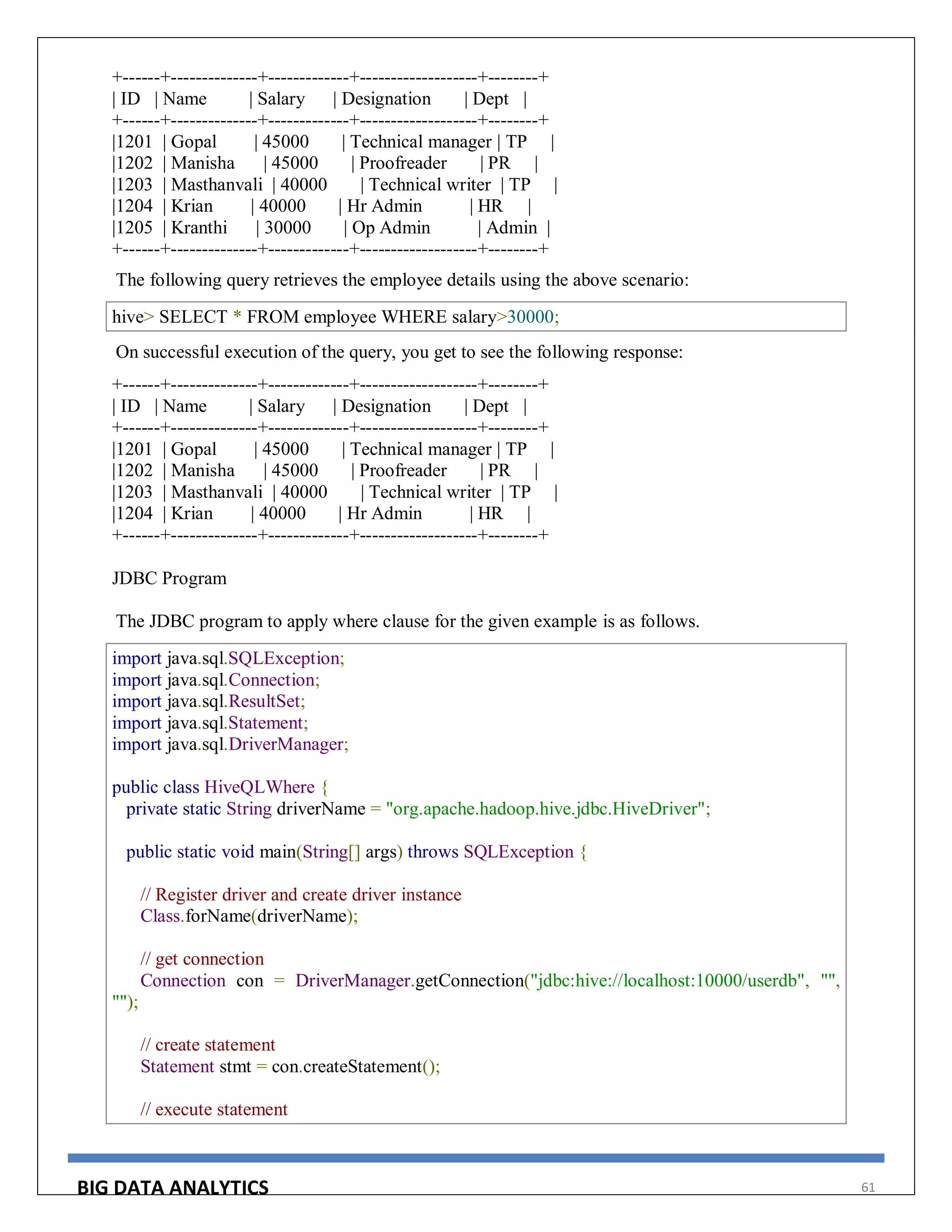 BIG DATA ANALYTICS 61
+------+--------------+-------------+-------------------+--------+
| ID | Name | Salary | Designation | Dept |
+------+--------------+-------------+-------------------+--------+
|1201 | Gopal | 45000 | Technical manager | TP |
|1202 | Manisha | 45000 | Proofreader | PR |
|1203 | Masthanvali | 40000 | Technical writer | TP |
|1204 | Krian | 40000 | Hr Admin | HR |
|1205 | Kranthi | 30000 | Op Admin | Admin |
+------+--------------+-------------+-------------------+--------+
The following query retrieves the employee details using the above scenario:
hive> SELECT * FROM employee WHERE salary>30000;
On successful execution of the query, you get to see the following response:
+------+--------------+-------------+-------------------+--------+
| ID | Name | Salary | Designation | Dept |
+------+--------------+-------------+-------------------+--------+
|1201 | Gopal | 45000 | Technical manager | TP |
|1202 | Manisha | 45000 | Proofreader | PR |
|1203 | Masthanvali | 40000 | Technical writer | TP |
|1204 | Krian | 40000 | Hr Admin | HR |
+------+--------------+-------------+-------------------+--------+
JDBC Program
The JDBC program to apply where clause for the given example is as follows.
import java.sql.SQLException;
import java.sql.Connection;
import java.sql.ResultSet;
import java.sql.Statement;
import java.sql.DriverManager;
public class HiveQLWhere {
private static String driverName = "org.apache.hadoop.hive.jdbc.HiveDriver";
public static void main(String[] args) throws SQLException {
// Register driver and create driver instance
Class.forName(driverName);
// get connection
Connection con = DriverManager.getConnection("jdbc:hive://localhost:10000/userdb", "",
"");
// create statement
Statement stmt = con.createStatement();
// execute statement
 