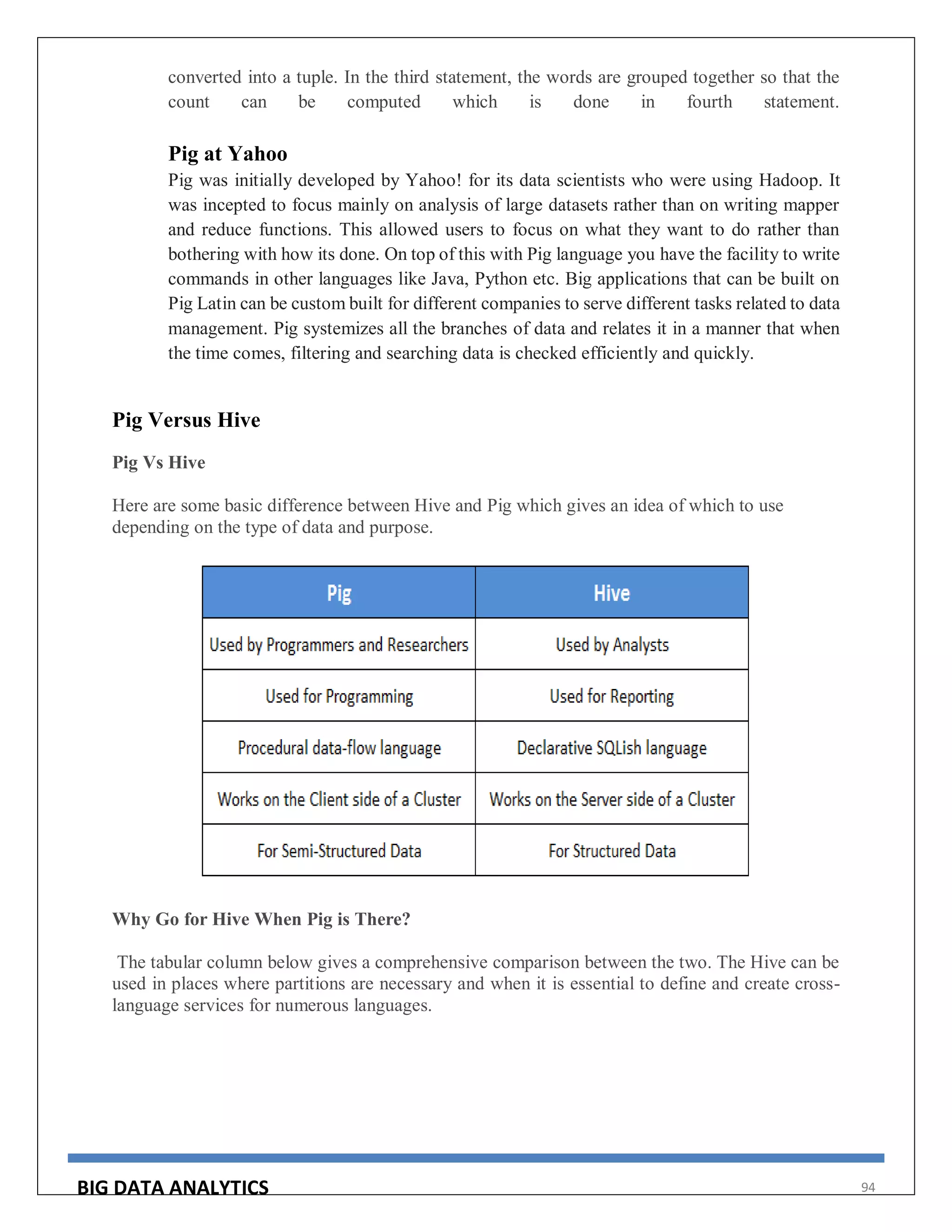 BIG DATA ANALYTICS 94
converted into a tuple. In the third statement, the words are grouped together so that the
count can be computed which is done in fourth statement.
Pig at Yahoo
Pig was initially developed by Yahoo! for its data scientists who were using Hadoop. It
was incepted to focus mainly on analysis of large datasets rather than on writing mapper
and reduce functions. This allowed users to focus on what they want to do rather than
bothering with how its done. On top of this with Pig language you have the facility to write
commands in other languages like Java, Python etc. Big applications that can be built on
Pig Latin can be custom built for different companies to serve different tasks related to data
management. Pig systemizes all the branches of data and relates it in a manner that when
the time comes, filtering and searching data is checked efficiently and quickly.
Pig Versus Hive
Pig Vs Hive
Here are some basic difference between Hive and Pig which gives an idea of which to use
depending on the type of data and purpose.
Why Go for Hive When Pig is There?
The tabular column below gives a comprehensive comparison between the two. The Hive can be
used in places where partitions are necessary and when it is essential to define and create cross-
language services for numerous languages.
 