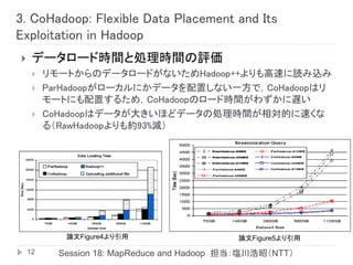 3. CoHadoop: Flexible Data Placement and Its
Exploitation in Hadoop
    データロード時間と処理時間の評価
        リモートからのデータロードがないためHadoop++よりも高速に読み込み
        ParHadoopがローカルにかデータを配置しない一方で，CoHadoopはリ
         モートにも配置するため，CoHadoopのロード時間がわずかに遅い
        CoHadoopはデータが大きいほどデータの処理時間が相対的に速くな
         る（RawHadoopよりも約93%減）




            論文Figure4より引用                    論文Figure5より引用
    12     Session 18: MapReduce and Hadoop 担当：塩川浩昭（NTT）
 