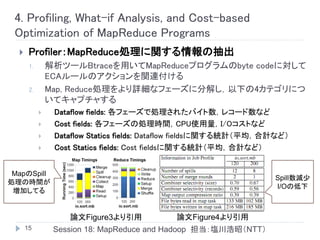 4. Profiling, What-if Analysis, and Cost-based
 Optimization of MapReduce Programs
      Profiler：MapReduce処理に関する情報の抽出
       1.       解析ツールBtraceを用いてMapReduceプログラムのbyte codeに対して
                ECAルールのアクションを関連付ける
       2.       Map, Reduce処理をより詳細なフェーズに分解し，以下の4カテゴリにつ
                いてキャプチャする
                Dataflow fields: 各フェーズで処理されたバイト数，レコード数など
                Cost fields: 各フェーズの処理時間，CPU使用量，I/Oコストなど
                Dataflow Statics fields: Dataflow fieldsに関する統計（平均，合計など）
                Cost Statics fields: Cost fieldsに関する統計（平均，合計など）


 MapのSpill
                                                                    Spill数減尐
処理の時間が
                                                                    I/Oの低下
 増加してる


                    論文Figure3より引用            論文Figure4より引用
      15         Session 18: MapReduce and Hadoop 担当：塩川浩昭（NTT）
 