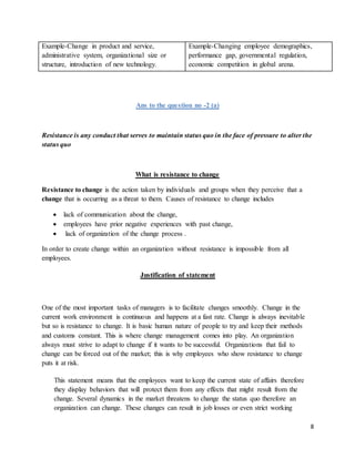 8
Ans to the question no -2 (a)
Resistance is any conduct that serves to maintain status quo in the face of pressure to alter the
status quo
What is resistance to change
Resistance to change is the action taken by individuals and groups when they perceive that a
change that is occurring as a threat to them. Causes of resistance to change includes
 lack of communication about the change,
 employees have prior negative experiences with past change,
 lack of organization of the change process .
In order to create change within an organization without resistance is impossible from all
employees.
Justification of statement
One of the most important tasks of managers is to facilitate changes smoothly. Change in the
current work environment is continuous and happens at a fast rate. Change is always inevitable
but so is resistance to change. It is basic human nature of people to try and keep their methods
and customs constant. This is where change management comes into play. An organization
always must strive to adapt to change if it wants to be successful. Organizations that fail to
change can be forced out of the market; this is why employees who show resistance to change
puts it at risk.
This statement means that the employees want to keep the current state of affairs therefore
they display behaviors that will protect them from any effects that might result from the
change. Several dynamics in the market threatens to change the status quo therefore an
organization can change. These changes can result in job losses or even strict working
Example-Change in product and service,
administrative system, organizational size or
structure, introduction of new technology.
Example-Changing employee demographics,
performance gap, governmental regulation,
economic competition in global arena.
 