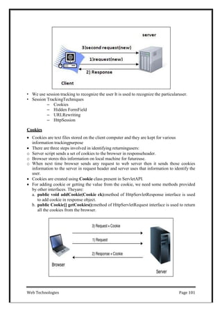 Web Technologies Page 101
• We use session tracking to recognize the user It is used to recognize the particularuser.
• Session TrackingTechniques
– Cookies
– Hidden FormField
– URLRewriting
– HttpSession
Cookies
 Cookies are text files stored on the client computer and they are kept for various
information trackingpurpose
 There are three steps involved in identifying returningusers:
o Server script sends a set of cookies to the browser in responseheader.
o Browser stores this information on local machine for futureuse.
o When next time browser sends any request to web server then it sends those cookies
information to the server in request header and server uses that information to identify the
user.
 Cookies are created using Cookie class present in ServletAPI.
 For adding cookie or getting the value from the cookie, we need some methods provided
by other interfaces. Theyare:
a. public void addCookie(Cookie ck):method of HttpServletResponse interface is used
to add cookie in response object.
b. public Cookie[] getCookies():method of HttpServletRequest interface is used to return
all the cookies from the browser.
 