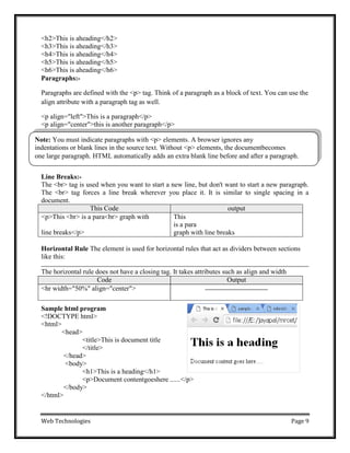 Web Technologies Page 9
<h2>This is aheading</h2>
<h3>This is aheading</h3>
<h4>This is aheading</h4>
<h5>This is aheading</h5>
<h6>This is aheading</h6>
Paragraphs:-
Paragraphs are defined with the <p> tag. Think of a paragraph as a block of text. You can use the
align attribute with a paragraph tag as well.
<p align="left">This is a paragraph</p>
<p align="center">this is another paragraph</p>
Line Breaks:-
The <br> tag is used when you want to start a new line, but don't want to start a new paragraph.
The <br> tag forces a line break wherever you place it. It is similar to single spacing in a
document.
This Code output
<p>This <br> is a para<br> graph with
line breaks</p>
This
is a para
graph with line breaks
Horizontal Rule The element is used for horizontal rules that act as dividers between sections
like this:
The horizontal rule does not have a closing tag. It takes attributes such as align and width
Code Output
<hr width="50%" align="center">
Sample html program
<!DOCTYPE html>
<html>
<head>
<title>This is document title
</title>
</head>
<body>
<h1>This is a heading</h1>
<p>Document contentgoeshere ......</p>
</body>
</html>
Note: You must indicate paragraphs with <p> elements. A browser ignores any
indentations or blank lines in the source text. Without <p> elements, the documentbecomes
one large paragraph. HTML automatically adds an extra blank line before and after a paragraph.
 