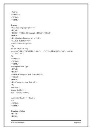 Web Technologies Page 122
<% } %>
</TABLE>
</BODY>
</HTML>
Use out
<%@ page language="java" %>
<HTML>
<HEAD><TITLE>JSP Example</TITLE></HEAD>
<BODY>
<H1>Quadratic Equation: y = x^2</H1>
<TABLE BORDER="1">
<TH>x</TH><TH>y</TH>
<%
for (int i=0; i<10; i++)
out.print("<TR><TD WIDTH='100'>" + i + "</TD><TD WIDTH='100'>" + (i*i) +
"</TD></TR>");
%>
</TABLE>
</BODY>
</HTML>
Casting to a New Type
<HTML>
<HEAD>
<TITLE>Casting to a New Type</TITLE>
</HEAD>
<BODY>
<H1>Casting to a New Type</H1>
<%
float float1;
double double1 = 1;
float1 = (float) double1;
out.println("float1 = " + float1);
%>
</BODY>
</HTML>
Creating a String
<HTML>
<HEAD>
 