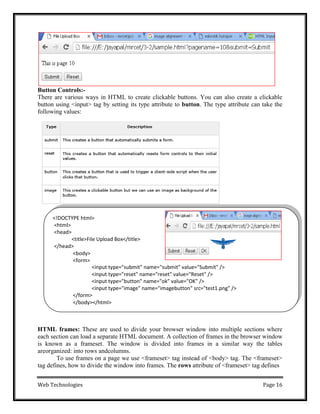 Web Technologies Page 16
Button Controls:-
There are various ways in HTML to create clickable buttons. You can also create a clickable
button using <input> tag by setting its type attribute to button. The type attribute can take the
following values:
HTML frames: These are used to divide your browser window into multiple sections where
each section can load a separate HTML document. A collection of frames in the browser window
is known as a frameset. The window is divided into frames in a similar way the tables
areorganized: into rows andcolumns.
To use frames on a page we use <frameset> tag instead of <body> tag. The <frameset>
tag defines, how to divide the window into frames. The rows attribute of <frameset> tag defines
<!DOCTYPE html>
<html>
<head>
<title>File Upload Box</title>
</head>
<body>
<form>
<input type="submit" name="submit" value="Submit" />
<input type="reset" name="reset" value="Reset" />
<input type="button" name="ok" value="OK" />
<input type="image" name="imagebutton" src="test1.png" />
</form>
</body></html>
 
