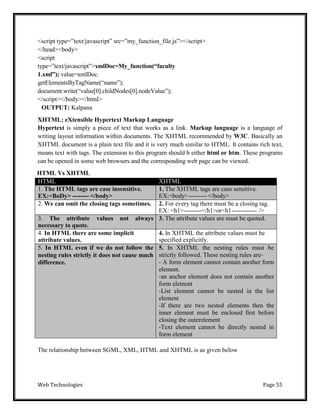 Web Technologies Page 55
<script type=‖text/javascript‖ src=‖my_function_file.js‖></script>
</head><body>
<script
type=‖text/javascript‖>xmlDoc=My_function(“faculty
1.xml”); value=xmlDoc.
getElementsByTagName(―name‖);
document.write(―value[0].childNodes[0].nodeValue‖);
</script></body></html>
OUTPUT: Kalpana
XHTML: eXtensible Hypertext Markup Language
Hypertext is simply a piece of text that works as a link. Markup language is a language of
writing layout information within documents. The XHTML recommended by W3C. Basically an
XHTML document is a plain text file and it is very much similar to HTML. It contains rich text,
means text with tags. The extension to this program should b either html or htm. These programs
can be opened in some web browsers and the corresponding web page can be viewed.
HTML Vs XHTML
HTML XHTML
1. The HTML tags are case insensitive.
EX:<BoDy> -------- </body>
1. The XHTML tags are case sensitive.
EX:<body>--------- </body>
2. We can omit the closing tags sometimes. 2. For every tag there must be a closing tag.
EX: <h1>---------</h1>or<h1------------ />
3. The attribute values not always
necessary to quote.
3. The attribute values are must be quoted.
4. In HTML there are some implicit
attribute values.
4. In XHTML the attribute values must be
specified explicitly.
5. In HTML even if we do not follow the
nesting rules strictly it does not cause much
difference.
5. In XHTML the nesting rules must be
strictly followed. These nesting rules are-
- A form element cannot contain another form
element.
-an anchor element does not contain another
form element
-List element cannot be nested in the list
element
-If there are two nested elements then the
inner element must be enclosed first before
closing the outerelement
-Text element cannot be directly nested in
form element
The relationship between SGML, XML, HTML and XHTML is as given below
 