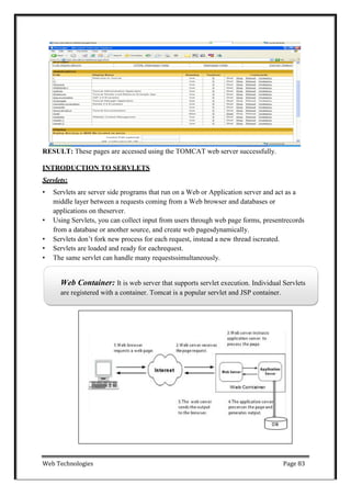 Web Technologies Page 83
Web Container: It is web server that supports servlet execution. Individual Servlets
are registered with a container. Tomcat is a popular servlet and JSP container.
RESULT: These pages are accessed using the TOMCAT web server successfully.
INTRODUCTION TO SERVLETS
Servlets:
• Servlets are server side programs that run on a Web or Application server and act as a
middle layer between a requests coming from a Web browser and databases or
applications on theserver.
• Using Servlets, you can collect input from users through web page forms, presentrecords
from a database or another source, and create web pagesdynamically.
• Servlets don‘t fork new process for each request, instead a new thread iscreated.
• Servlets are loaded and ready for eachrequest.
• The same servlet can handle many requestssimultaneously.
 