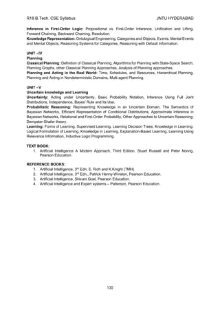 R18 B.Tech. CSE Syllabus JNTU HYDERABAD
130
Inference in First-Order Logic: Propositional vs. First-Order Inference, Unification and Lifting,
Forward Chaining, Backward Chaining, Resolution.
Knowledge Representation: Ontological Engineering, Categories and Objects, Events. Mental Events
and Mental Objects, Reasoning Systems for Categories, Reasoning with Default Information.
UNIT - IV
Planning
Classical Planning: Definition of Classical Planning, Algorithms for Planning with State-Space Search,
Planning Graphs, other Classical Planning Approaches, Analysis of Planning approaches.
Planning and Acting in the Real World: Time, Schedules, and Resources, Hierarchical Planning,
Planning and Acting in Nondeterministic Domains, Multi agent Planning.
UNIT - V
Uncertain knowledge and Learning
Uncertainty: Acting under Uncertainty, Basic Probability Notation, Inference Using Full Joint
Distributions, Independence, Bayes’ Rule and Its Use,
Probabilistic Reasoning: Representing Knowledge in an Uncertain Domain, The Semantics of
Bayesian Networks, Efficient Representation of Conditional Distributions, Approximate Inference in
Bayesian Networks, Relational and First-Order Probability, Other Approaches to Uncertain Reasoning;
Dempster-Shafer theory.
Learning: Forms of Learning, Supervised Learning, Learning Decision Trees. Knowledge in Learning:
Logical Formulation of Learning, Knowledge in Learning, Explanation-Based Learning, Learning Using
Relevance Information, Inductive Logic Programming.
TEXT BOOK:
1. Artificial Intelligence A Modern Approach, Third Edition, Stuart Russell and Peter Norvig,
Pearson Education.
REFERENCE BOOKS:
1. Artificial Intelligence, 3rd
Edn, E. Rich and K.Knight (TMH)
2. Artificial Intelligence, 3rd
Edn., Patrick Henny Winston, Pearson Education.
3. Artificial Intelligence, Shivani Goel, Pearson Education.
4. Artificial Intelligence and Expert systems – Patterson, Pearson Education.
 