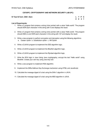 R18 B.Tech. CSE Syllabus JNTU HYDERABAD
141
CS703PC: CRYPTOGRAPHY AND NETWORK SECURITY LAB (PC)
IV Year B.Tech. CSE I -Sem L T P C
0 0 2 1
List of Experiments:
1. Write a C program that contains a string (char pointer) with a value ‘Hello world’. The program
should XOR each character in this string with 0 and displays the result.
2. Write a C program that contains a string (char pointer) with a value ‘Hello world’. The program
should AND or and XOR each character in this string with 127 and display the result.
3. Write a Java program to perform encryption and decryption using the following algorithms
a. Ceaser cipher b. Substitution cipher c. Hill Cipher
4. Write a C/JAVA program to implement the DES algorithm logic.
5. Write a C/JAVA program to implement the Blowfish algorithm logic.
6. Write a C/JAVA program to implement the Rijndael algorithm logic.
7. Write the RC4 logic in Java Using Java cryptography; encrypt the text “Hello world” using
Blowfish. Create your own key using Java key tool.
8. Write a Java program to implement RSA algorithm.
9. Implement the Diffie-Hellman Key Exchange mechanism using HTML and JavaScript.
10. Calculate the message digest of a text using the SHA-1 algorithm in JAVA.
11. Calculate the message digest of a text using the MD5 algorithm in JAVA.
 