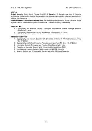 R18 B.Tech. CSE Syllabus JNTU HYDERABAD
123
UNIT - V
E-Mail Security: Pretty Good Privacy, S/MIME IP Security: IP Security overview, IP Security
architecture, Authentication Header, Encapsulating security payload, Combining security associations,
Internet Key Exchange
Case Studies on Cryptography and security: Secure Multiparty Calculation, Virtual Elections, Single
sign On, Secure Inter-branch Payment Transactions, Cross site Scripting Vulnerability.
TEXT BOOKS:
1. Cryptography and Network Security - Principles and Practice: William Stallings, Pearson
Education, 6th
Edition
2. Cryptography and Network Security: Atul Kahate, Mc Graw Hill, 3rd
Edition
REFERENCE BOOKS:
1. Cryptography and Network Security: C K Shyamala, N Harini, Dr T R Padmanabhan, Wiley
India, 1st
Edition.
2. Cryptography and Network Security: Forouzan Mukhopadhyay, Mc Graw Hill, 3rd
Edition
3. Information Security, Principles, and Practice: Mark Stamp, Wiley India.
4. Principles of Computer Security: WM. Arthur Conklin, Greg White, TMH
5. Introduction to Network Security: Neal Krawetz, CENGAGE Learning
6. Network Security and Cryptography: Bernard Menezes, CENGAGE Learning
 