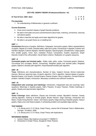 R18 B.Tech. CSE Syllabus JNTU HYDERABAD
125
CS711PE: GRAPH THEORY (Professional Elective - IV)
IV Year B.Tech. CSE I -Sem L T P C
3 0 0 3
Pre-requisites:
1. An understanding of Mathematics in general is sufficient.
Course Outcomes:
 Know some important classes of graph theoretic problems;
 Be able to formulate and prove central theorems about trees, matching, connectivity, colouring
and planar graphs;
 Be able to describe and apply some basic algorithms for graphs;
 Be able to use graph theory as a modelling tool.
UNIT - I
Introduction-Discovery of graphs, Definitions, Subgraphs, Isomorphic graphs, Matrix representations
of graphs, Degree of a vertex, Directed walks, paths and cycles, Connectivity in digraphs, Eulerian and
Hamilton digraphs, Eulerian digraphs, Hamilton digraphs, Special graphs, Complements, Larger graphs
from smaller graphs, Union, Sum, Cartesian Product, Composition, Graphic sequences, Graph
theoretic model of the LAN problem, Havel-Hakimi criterion, Realization of a graphic sequence.
UNIT - II
Connected graphs and shortest paths - Walks, trails, paths, cycles, Connected graphs, Distance,
Cut-vertices and cut-edges, Blocks, Connectivity, Weighted graphs and shortest paths, Weighted
graphs, Dijkstra‟s shortest path algorithm, Floyd-Warshall shortest path algorithm.
UNIT - III
Trees- Definitions and characterizations, Number of trees, Cayley‟s formula, Kircho↵-matrix-tree
theorem, Minimum spanning trees, Kruskal‟s algorithm, Prim‟s algorithm, Special classes of graphs,
Bipartite Graphs, Line Graphs, Chordal Graphs, Eulerian Graphs, Fleury‟s algorithm, Chinese Postman
problem, Hamilton Graphs, Introduction, Necessary conditions and sufficient conditions.
UNIT - IV
Independent sets coverings and matchings– Introduction, Independent sets and coverings: basic
equations, Matchings in bipartite graphs, Hall‟s Theorem, K¨onig‟s Theorem, Perfect matchings in
graphs, Greedy and approximation algorithms.
UNIT - V
Vertex Colorings- Basic definitions, Cliques and chromatic number, Mycielski‟s theorem, Greedy
coloring algorithm, Coloring of chordal graphs, Brooks theorem, Edge Colorings, Introduction and
Basics, Gupta-Vizing theorem, Class-1 and Class-2 graphs, Edge-coloring of bipartite graphs, Class-2
graphs, Hajos union and Class-2 graphs, A scheduling problem and equitable edge-coloring.
TEXT BOOKS:
1. J. A. Bondy and U. S. R. Murty. Graph Theory, volume 244 of Graduate Texts in Mathematics.
Springer, 1st edition, 2008.
2. J. A. Bondy and U. S. R. Murty. Graph Theory with Applications.
REFERENCE BOOKS:
1. Lecture Videos: http://nptel.ac.in/courses/111106050/13
2. Introduction to Graph Theory, Douglas B. West, Pearson.
 