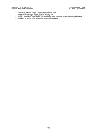 R18 B.Tech. CSE Syllabus JNTU HYDERABAD
126
3. Schaum's Outlines Graph Theory, Balakrishnan, TMH
4. Introduction to Graph Theory, Wilson Robin j, PHI
5. Graph Theory with Applications to Engineering And Computer Science, Narsing Deo, PHI
6. Graphs - An Introductory Approach, Wilson and Watkins
 