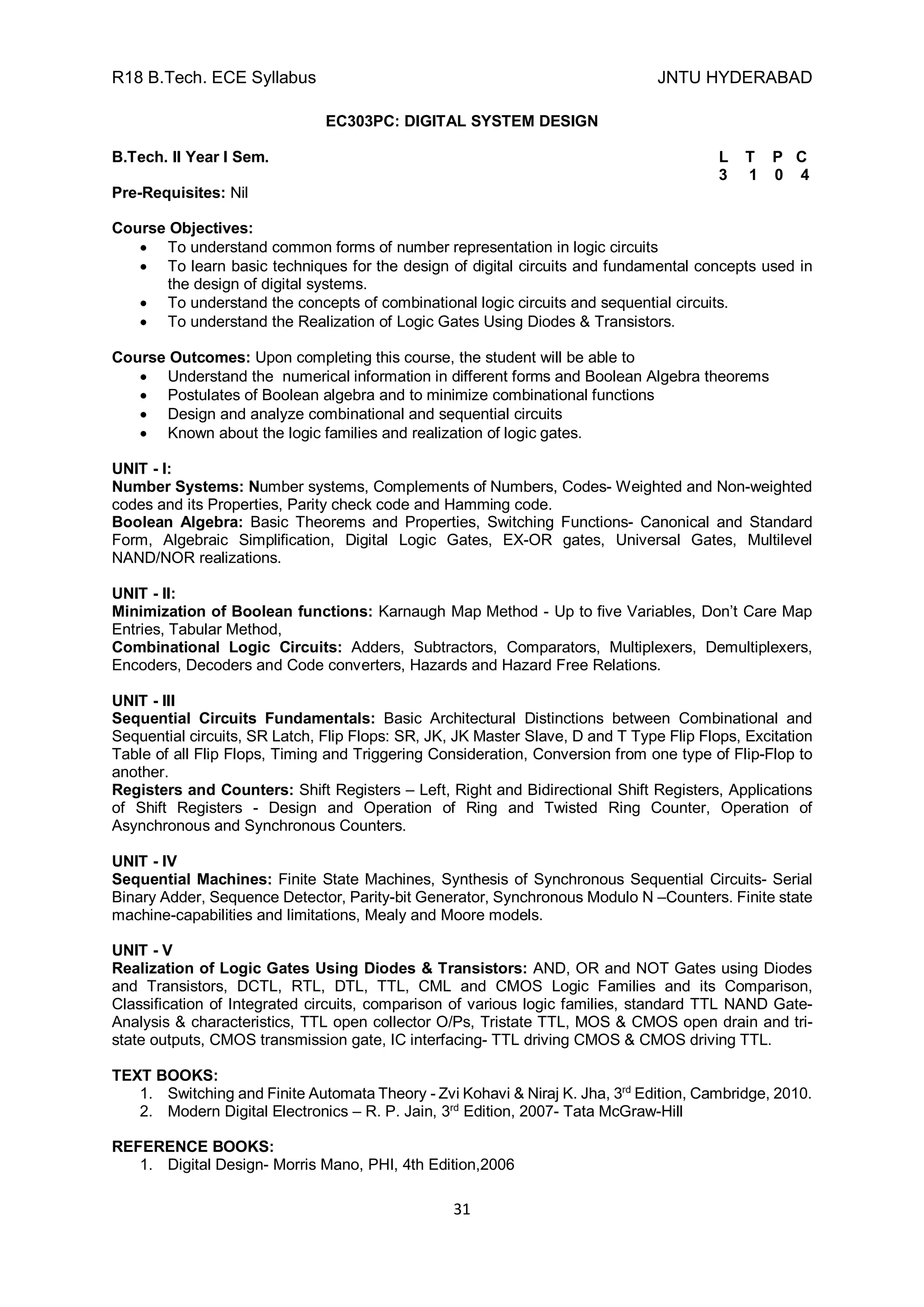 R18 B.Tech. ECE Syllabus JNTU HYDERABAD
31
EC303PC: DIGITAL SYSTEM DESIGN
B.Tech. II Year I Sem. L T P C
3 1 0 4
Pre-Requisites: Nil
Course Objectives:
 To understand common forms of number representation in logic circuits
 To learn basic techniques for the design of digital circuits and fundamental concepts used in
the design of digital systems.
 To understand the concepts of combinational logic circuits and sequential circuits.
 To understand the Realization of Logic Gates Using Diodes & Transistors.
Course Outcomes: Upon completing this course, the student will be able to
 Understand the numerical information in different forms and Boolean Algebra theorems
 Postulates of Boolean algebra and to minimize combinational functions
 Design and analyze combinational and sequential circuits
 Known about the logic families and realization of logic gates.
UNIT - I:
Number Systems: Number systems, Complements of Numbers, Codes- Weighted and Non-weighted
codes and its Properties, Parity check code and Hamming code.
Boolean Algebra: Basic Theorems and Properties, Switching Functions- Canonical and Standard
Form, Algebraic Simplification, Digital Logic Gates, EX-OR gates, Universal Gates, Multilevel
NAND/NOR realizations.
UNIT - II:
Minimization of Boolean functions: Karnaugh Map Method - Up to five Variables, Don’t Care Map
Entries, Tabular Method,
Combinational Logic Circuits: Adders, Subtractors, Comparators, Multiplexers, Demultiplexers,
Encoders, Decoders and Code converters, Hazards and Hazard Free Relations.
UNIT - III
Sequential Circuits Fundamentals: Basic Architectural Distinctions between Combinational and
Sequential circuits, SR Latch, Flip Flops: SR, JK, JK Master Slave, D and T Type Flip Flops, Excitation
Table of all Flip Flops, Timing and Triggering Consideration, Conversion from one type of Flip-Flop to
another.
Registers and Counters: Shift Registers – Left, Right and Bidirectional Shift Registers, Applications
of Shift Registers - Design and Operation of Ring and Twisted Ring Counter, Operation of
Asynchronous and Synchronous Counters.
UNIT - IV
Sequential Machines: Finite State Machines, Synthesis of Synchronous Sequential Circuits- Serial
Binary Adder, Sequence Detector, Parity-bit Generator, Synchronous Modulo N –Counters. Finite state
machine-capabilities and limitations, Mealy and Moore models.
UNIT - V
Realization of Logic Gates Using Diodes & Transistors: AND, OR and NOT Gates using Diodes
and Transistors, DCTL, RTL, DTL, TTL, CML and CMOS Logic Families and its Comparison,
Classification of Integrated circuits, comparison of various logic families, standard TTL NAND Gate-
Analysis & characteristics, TTL open collector O/Ps, Tristate TTL, MOS & CMOS open drain and tri-
state outputs, CMOS transmission gate, IC interfacing- TTL driving CMOS & CMOS driving TTL.
TEXT BOOKS:
1. Switching and Finite Automata Theory - Zvi Kohavi & Niraj K. Jha, 3rd
Edition, Cambridge, 2010.
2. Modern Digital Electronics – R. P. Jain, 3rd
Edition, 2007- Tata McGraw-Hill
REFERENCE BOOKS:
1. Digital Design- Morris Mano, PHI, 4th Edition,2006
 