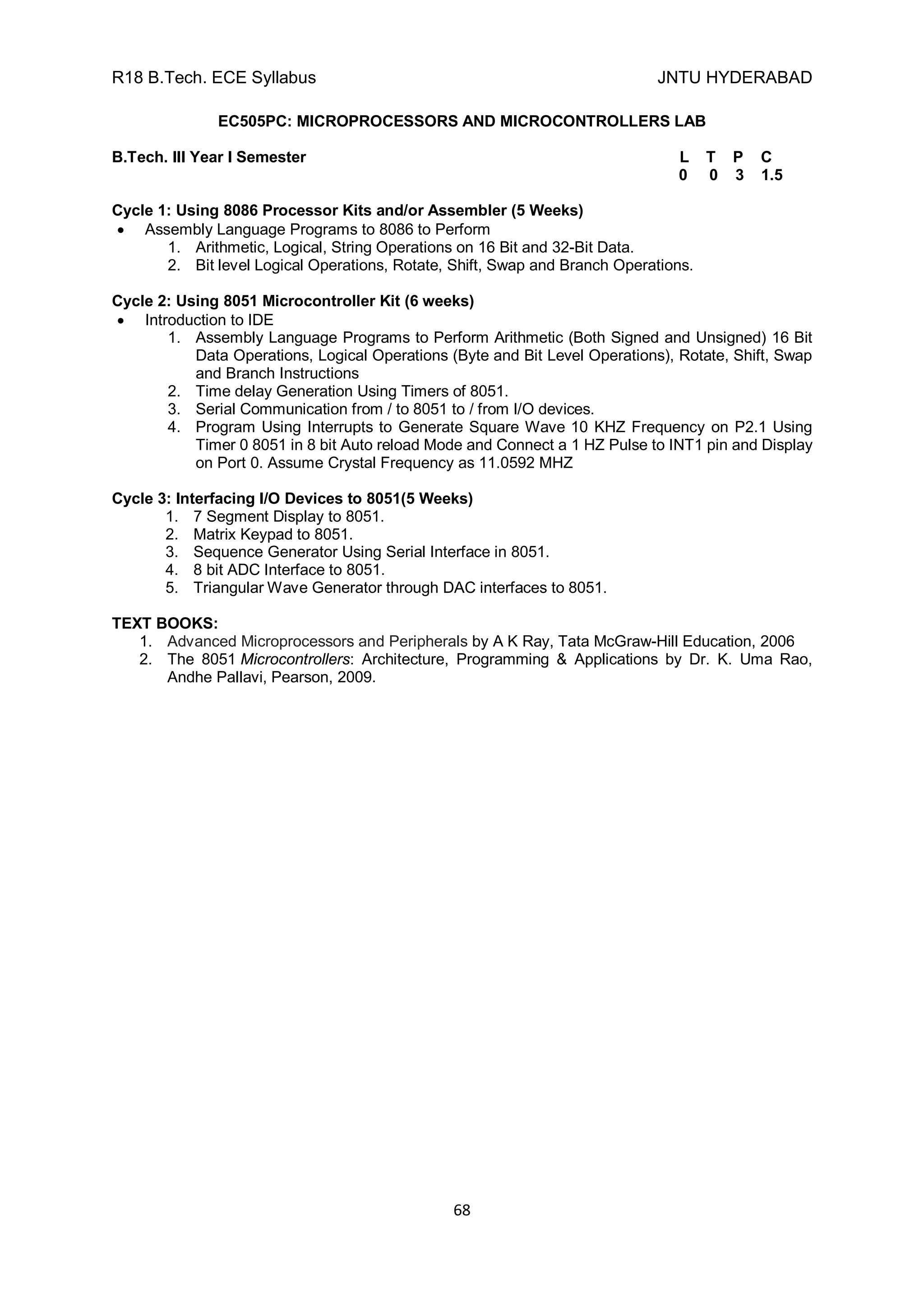 R18 B.Tech. ECE Syllabus JNTU HYDERABAD
68
EC505PC: MICROPROCESSORS AND MICROCONTROLLERS LAB
B.Tech. III Year I Semester L T P C
0 0 3 1.5
Cycle 1: Using 8086 Processor Kits and/or Assembler (5 Weeks)
 Assembly Language Programs to 8086 to Perform
1. Arithmetic, Logical, String Operations on 16 Bit and 32-Bit Data.
2. Bit level Logical Operations, Rotate, Shift, Swap and Branch Operations.
Cycle 2: Using 8051 Microcontroller Kit (6 weeks)
 Introduction to IDE
1. Assembly Language Programs to Perform Arithmetic (Both Signed and Unsigned) 16 Bit
Data Operations, Logical Operations (Byte and Bit Level Operations), Rotate, Shift, Swap
and Branch Instructions
2. Time delay Generation Using Timers of 8051.
3. Serial Communication from / to 8051 to / from I/O devices.
4. Program Using Interrupts to Generate Square Wave 10 KHZ Frequency on P2.1 Using
Timer 0 8051 in 8 bit Auto reload Mode and Connect a 1 HZ Pulse to INT1 pin and Display
on Port 0. Assume Crystal Frequency as 11.0592 MHZ
Cycle 3: Interfacing I/O Devices to 8051(5 Weeks)
1. 7 Segment Display to 8051.
2. Matrix Keypad to 8051.
3. Sequence Generator Using Serial Interface in 8051.
4. 8 bit ADC Interface to 8051.
5. Triangular Wave Generator through DAC interfaces to 8051.
TEXT BOOKS:
1. Advanced Microprocessors and Peripherals by A K Ray, Tata McGraw-Hill Education, 2006
2. The 8051 Microcontrollers: Architecture, Programming & Applications by Dr. K. Uma Rao,
Andhe Pallavi, Pearson, 2009.
 