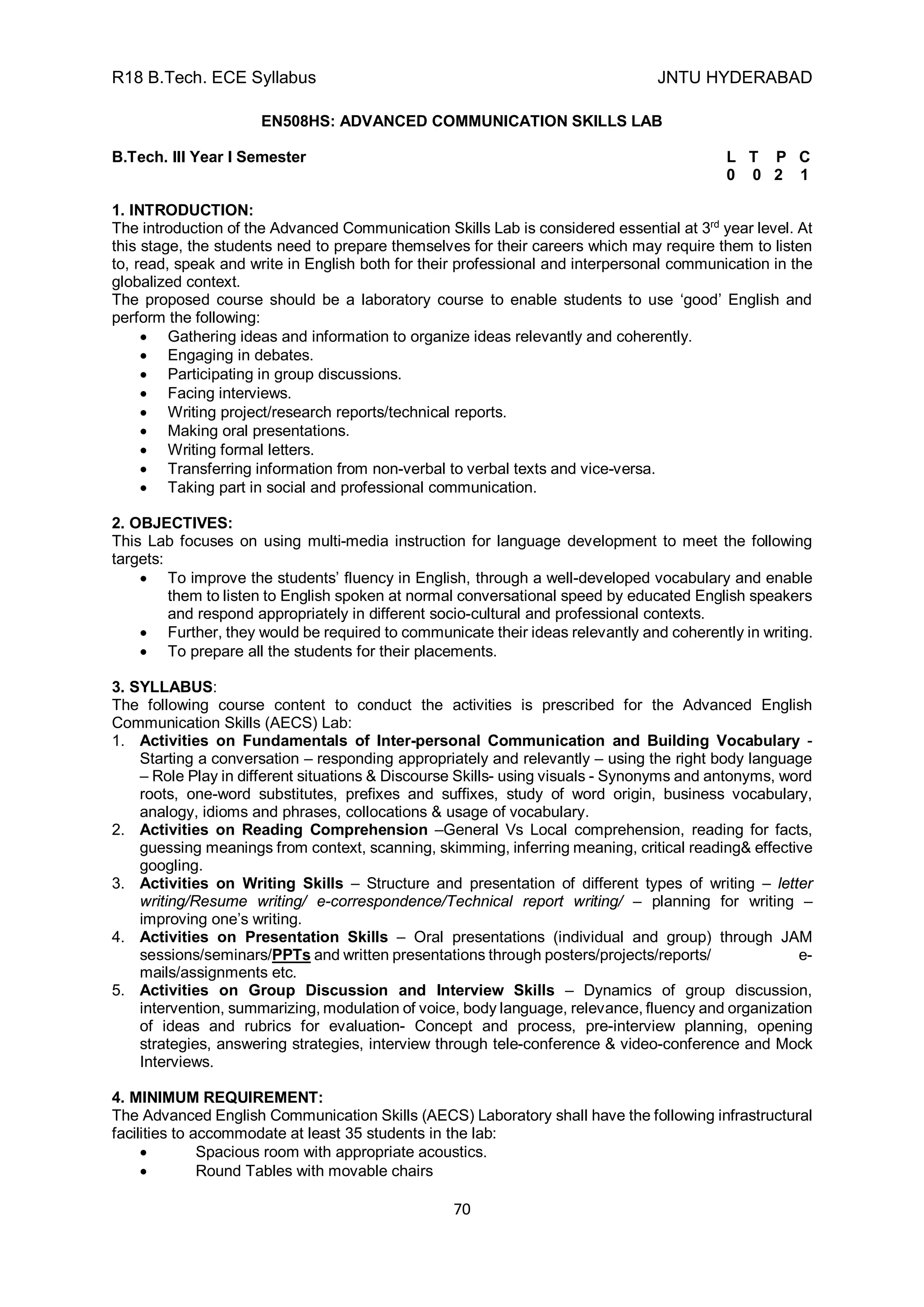 R18 B.Tech. ECE Syllabus JNTU HYDERABAD
70
EN508HS: ADVANCED COMMUNICATION SKILLS LAB
B.Tech. III Year I Semester L T P C
0 0 2 1
1. INTRODUCTION:
The introduction of the Advanced Communication Skills Lab is considered essential at 3rd
year level. At
this stage, the students need to prepare themselves for their careers which may require them to listen
to, read, speak and write in English both for their professional and interpersonal communication in the
globalized context.
The proposed course should be a laboratory course to enable students to use ‘good’ English and
perform the following:
 Gathering ideas and information to organize ideas relevantly and coherently.
 Engaging in debates.
 Participating in group discussions.
 Facing interviews.
 Writing project/research reports/technical reports.
 Making oral presentations.
 Writing formal letters.
 Transferring information from non-verbal to verbal texts and vice-versa.
 Taking part in social and professional communication.
2. OBJECTIVES:
This Lab focuses on using multi-media instruction for language development to meet the following
targets:
 To improve the students’ fluency in English, through a well-developed vocabulary and enable
them to listen to English spoken at normal conversational speed by educated English speakers
and respond appropriately in different socio-cultural and professional contexts.
 Further, they would be required to communicate their ideas relevantly and coherently in writing.
 To prepare all the students for their placements.
3. SYLLABUS:
The following course content to conduct the activities is prescribed for the Advanced English
Communication Skills (AECS) Lab:
1. Activities on Fundamentals of Inter-personal Communication and Building Vocabulary -
Starting a conversation – responding appropriately and relevantly – using the right body language
– Role Play in different situations & Discourse Skills- using visuals - Synonyms and antonyms, word
roots, one-word substitutes, prefixes and suffixes, study of word origin, business vocabulary,
analogy, idioms and phrases, collocations & usage of vocabulary.
2. Activities on Reading Comprehension –General Vs Local comprehension, reading for facts,
guessing meanings from context, scanning, skimming, inferring meaning, critical reading& effective
googling.
3. Activities on Writing Skills – Structure and presentation of different types of writing – letter
writing/Resume writing/ e-correspondence/Technical report writing/ – planning for writing –
improving one’s writing.
4. Activities on Presentation Skills – Oral presentations (individual and group) through JAM
sessions/seminars/PPTs and written presentations through posters/projects/reports/ e-
mails/assignments etc.
5. Activities on Group Discussion and Interview Skills – Dynamics of group discussion,
intervention, summarizing, modulation of voice, body language, relevance, fluency and organization
of ideas and rubrics for evaluation- Concept and process, pre-interview planning, opening
strategies, answering strategies, interview through tele-conference & video-conference and Mock
Interviews.
4. MINIMUM REQUIREMENT:
The Advanced English Communication Skills (AECS) Laboratory shall have the following infrastructural
facilities to accommodate at least 35 students in the lab:
 Spacious room with appropriate acoustics.
 Round Tables with movable chairs
 