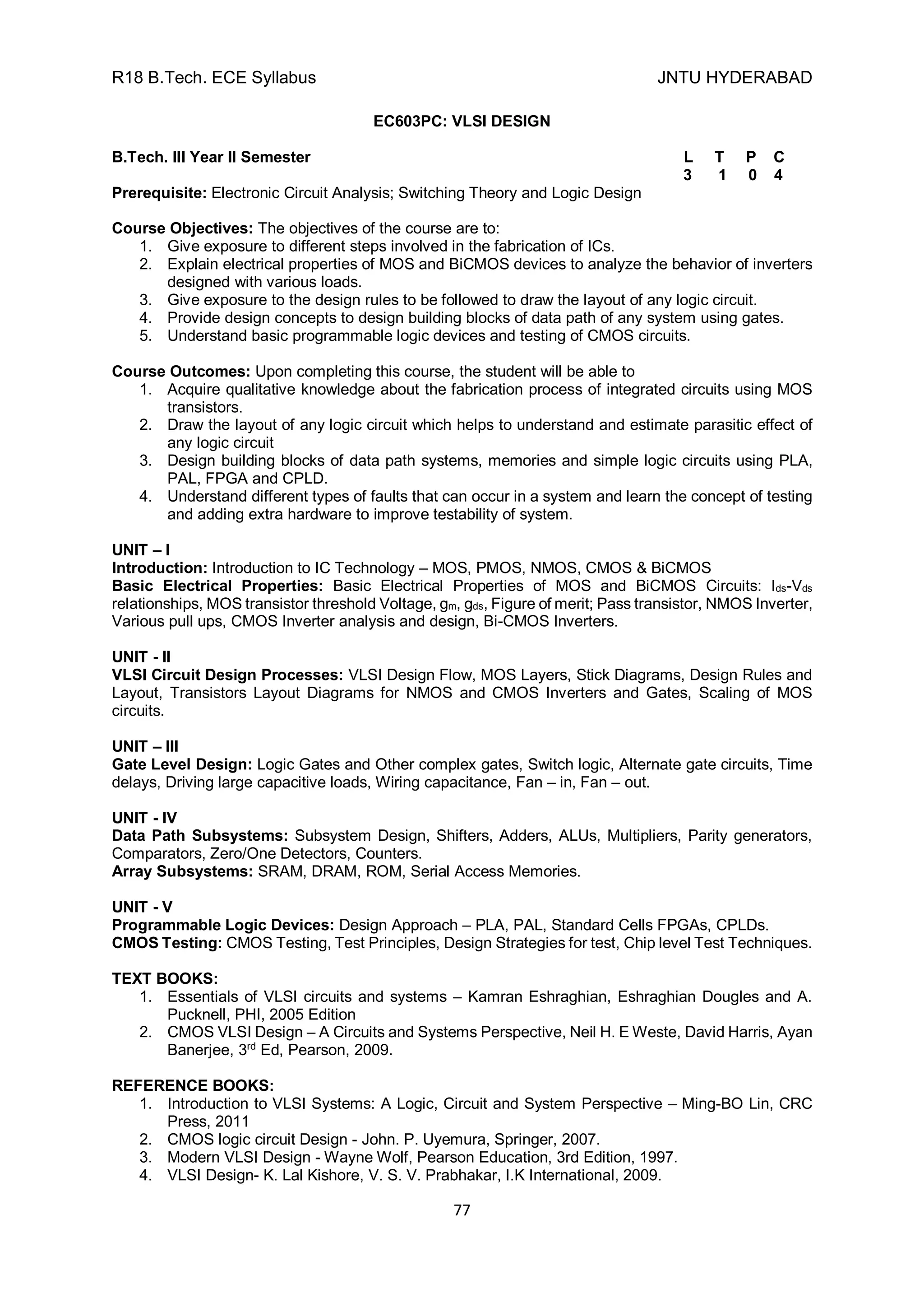 R18 B.Tech. ECE Syllabus JNTU HYDERABAD
77
EC603PC: VLSI DESIGN
B.Tech. III Year II Semester L T P C
3 1 0 4
Prerequisite: Electronic Circuit Analysis; Switching Theory and Logic Design
Course Objectives: The objectives of the course are to:
1. Give exposure to different steps involved in the fabrication of ICs.
2. Explain electrical properties of MOS and BiCMOS devices to analyze the behavior of inverters
designed with various loads.
3. Give exposure to the design rules to be followed to draw the layout of any logic circuit.
4. Provide design concepts to design building blocks of data path of any system using gates.
5. Understand basic programmable logic devices and testing of CMOS circuits.
Course Outcomes: Upon completing this course, the student will be able to
1. Acquire qualitative knowledge about the fabrication process of integrated circuits using MOS
transistors.
2. Draw the layout of any logic circuit which helps to understand and estimate parasitic effect of
any logic circuit
3. Design building blocks of data path systems, memories and simple logic circuits using PLA,
PAL, FPGA and CPLD.
4. Understand different types of faults that can occur in a system and learn the concept of testing
and adding extra hardware to improve testability of system.
UNIT – I
Introduction: Introduction to IC Technology – MOS, PMOS, NMOS, CMOS & BiCMOS
Basic Electrical Properties: Basic Electrical Properties of MOS and BiCMOS Circuits: Ids-Vds
relationships, MOS transistor threshold Voltage, gm, gds, Figure of merit; Pass transistor, NMOS Inverter,
Various pull ups, CMOS Inverter analysis and design, Bi-CMOS Inverters.
UNIT - II
VLSI Circuit Design Processes: VLSI Design Flow, MOS Layers, Stick Diagrams, Design Rules and
Layout, Transistors Layout Diagrams for NMOS and CMOS Inverters and Gates, Scaling of MOS
circuits.
UNIT – III
Gate Level Design: Logic Gates and Other complex gates, Switch logic, Alternate gate circuits, Time
delays, Driving large capacitive loads, Wiring capacitance, Fan – in, Fan – out.
UNIT - IV
Data Path Subsystems: Subsystem Design, Shifters, Adders, ALUs, Multipliers, Parity generators,
Comparators, Zero/One Detectors, Counters.
Array Subsystems: SRAM, DRAM, ROM, Serial Access Memories.
UNIT - V
Programmable Logic Devices: Design Approach – PLA, PAL, Standard Cells FPGAs, CPLDs.
CMOS Testing: CMOS Testing, Test Principles, Design Strategies for test, Chip level Test Techniques.
TEXT BOOKS:
1. Essentials of VLSI circuits and systems – Kamran Eshraghian, Eshraghian Dougles and A.
Pucknell, PHI, 2005 Edition
2. CMOS VLSI Design – A Circuits and Systems Perspective, Neil H. E Weste, David Harris, Ayan
Banerjee, 3rd
Ed, Pearson, 2009.
REFERENCE BOOKS:
1. Introduction to VLSI Systems: A Logic, Circuit and System Perspective – Ming-BO Lin, CRC
Press, 2011
2. CMOS logic circuit Design - John. P. Uyemura, Springer, 2007.
3. Modern VLSI Design - Wayne Wolf, Pearson Education, 3rd Edition, 1997.
4. VLSI Design- K. Lal Kishore, V. S. V. Prabhakar, I.K International, 2009.
 