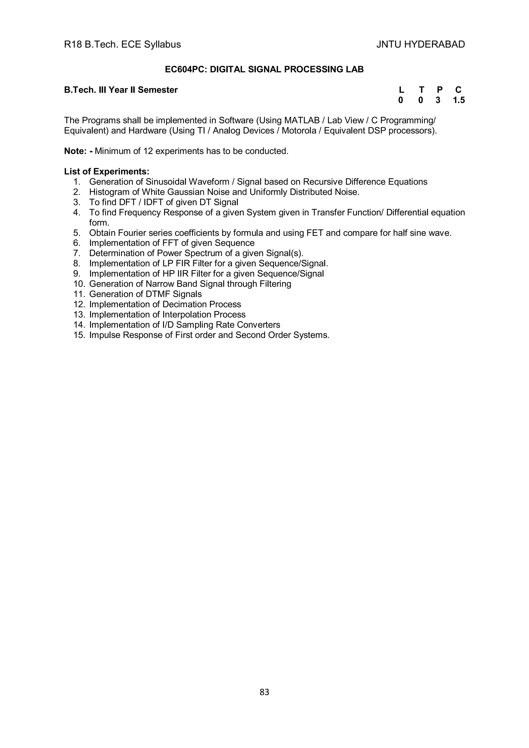 R18 B.Tech. ECE Syllabus JNTU HYDERABAD
83
EC604PC: DIGITAL SIGNAL PROCESSING LAB
B.Tech. III Year II Semester L T P C
0 0 3 1.5
The Programs shall be implemented in Software (Using MATLAB / Lab View / C Programming/
Equivalent) and Hardware (Using TI / Analog Devices / Motorola / Equivalent DSP processors).
Note: - Minimum of 12 experiments has to be conducted.
List of Experiments:
1. Generation of Sinusoidal Waveform / Signal based on Recursive Difference Equations
2. Histogram of White Gaussian Noise and Uniformly Distributed Noise.
3. To find DFT / IDFT of given DT Signal
4. To find Frequency Response of a given System given in Transfer Function/ Differential equation
form.
5. Obtain Fourier series coefficients by formula and using FET and compare for half sine wave.
6. Implementation of FFT of given Sequence
7. Determination of Power Spectrum of a given Signal(s).
8. Implementation of LP FIR Filter for a given Sequence/Signal.
9. Implementation of HP IIR Filter for a given Sequence/Signal
10. Generation of Narrow Band Signal through Filtering
11. Generation of DTMF Signals
12. Implementation of Decimation Process
13. Implementation of Interpolation Process
14. Implementation of I/D Sampling Rate Converters
15. Impulse Response of First order and Second Order Systems.
 