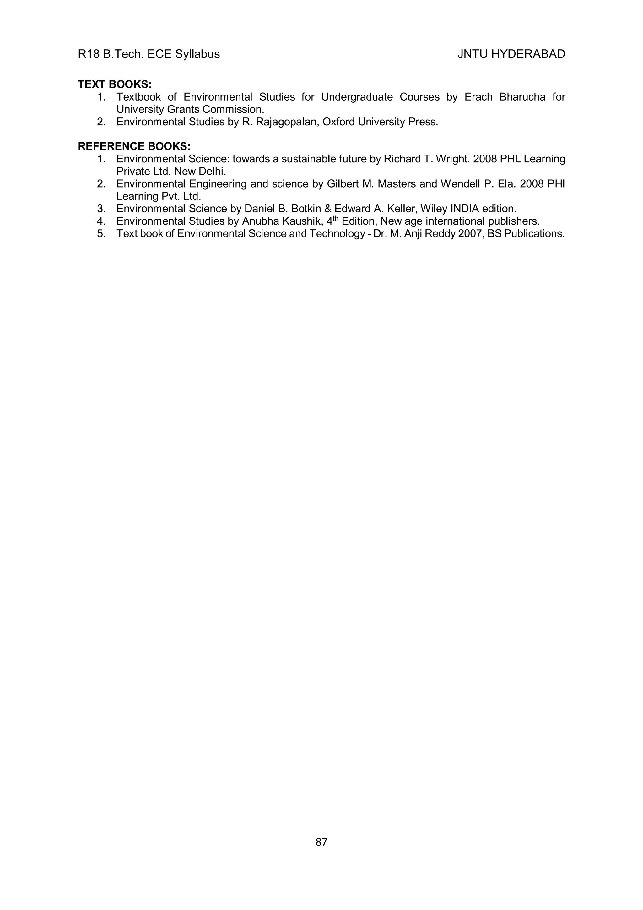 R18 B.Tech. ECE Syllabus JNTU HYDERABAD
87
TEXT BOOKS:
1. Textbook of Environmental Studies for Undergraduate Courses by Erach Bharucha for
University Grants Commission.
2. Environmental Studies by R. Rajagopalan, Oxford University Press.
REFERENCE BOOKS:
1. Environmental Science: towards a sustainable future by Richard T. Wright. 2008 PHL Learning
Private Ltd. New Delhi.
2. Environmental Engineering and science by Gilbert M. Masters and Wendell P. Ela. 2008 PHI
Learning Pvt. Ltd.
3. Environmental Science by Daniel B. Botkin & Edward A. Keller, Wiley INDIA edition.
4. Environmental Studies by Anubha Kaushik, 4th
Edition, New age international publishers.
5. Text book of Environmental Science and Technology - Dr. M. Anji Reddy 2007, BS Publications.
 