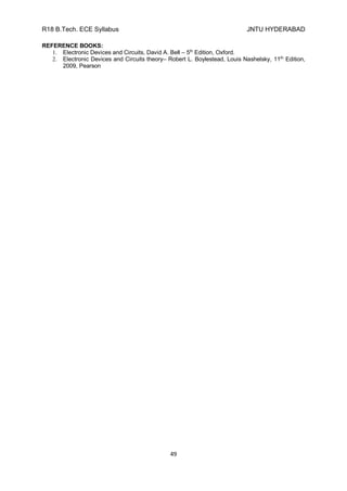 R18 B.Tech. ECE Syllabus JNTU HYDERABAD
49
REFERENCE BOOKS:
1. Electronic Devices and Circuits, David A. Bell – 5th
Edition, Oxford.
2. Electronic Devices and Circuits theory– Robert L. Boylestead, Louis Nashelsky, 11th
Edition,
2009, Pearson
 